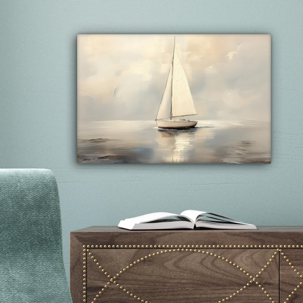 LEINWANDBILD Segelschiff - Meer - Bewölkt Deko Schlafzimmer 30x20 cm - Creme, Textil (30/20cm) - MuchoWow