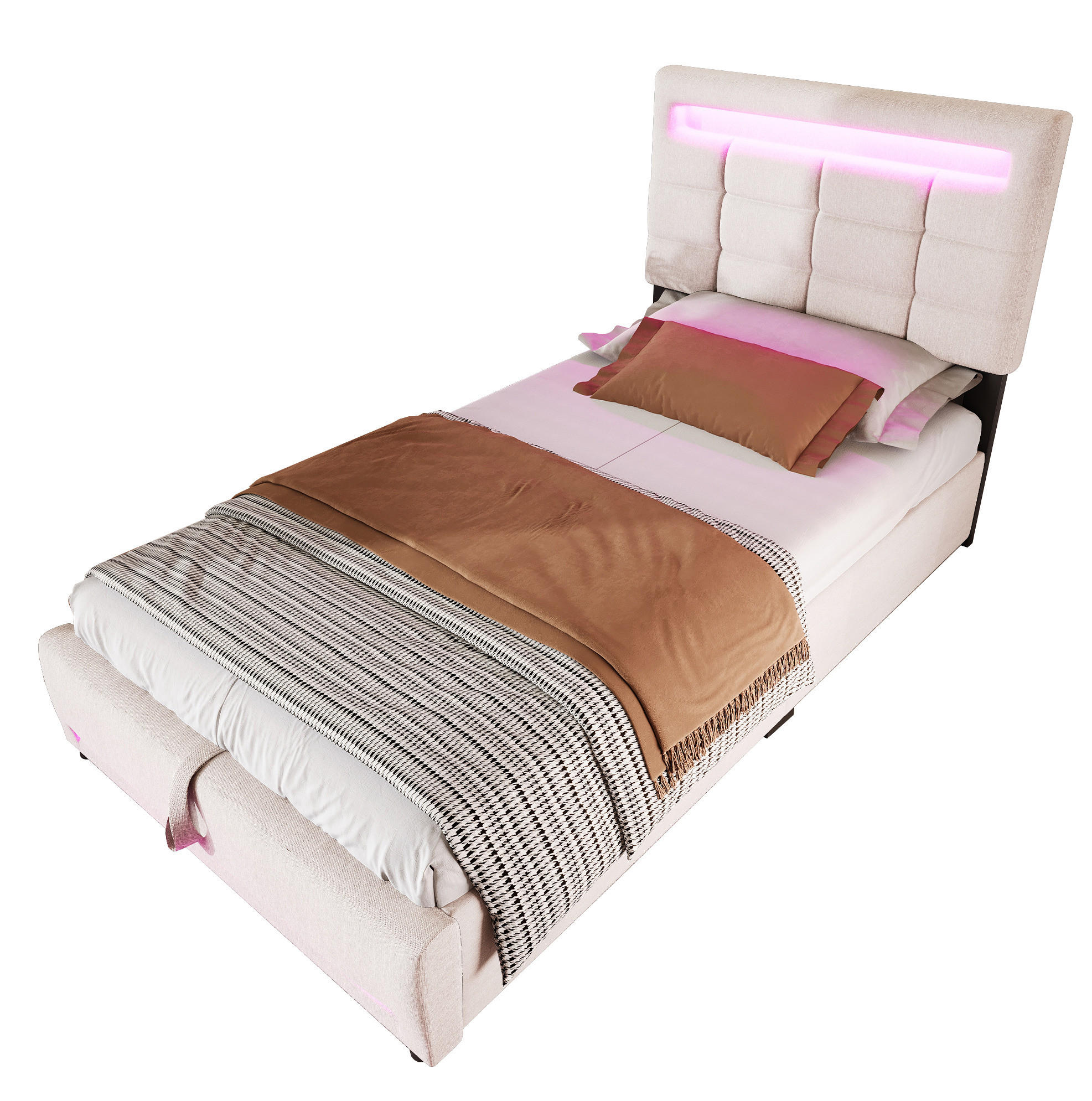 POLSTERBETT aus Leinen und MDF 90x200 cm Beige mit LED-Beleuchtung, USB-Buchse und hydraulischem Stauraum - Beige, Textil (90/200cm) - Modfu