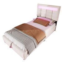 ČALÚNENÁ posteľ z ľanu a MDF 90x200 cm béžová s APP ovládaním, LED osvetlením, USB a hydraulickým úložným priestorom - béžová, textil (90/200cm) - Modfu