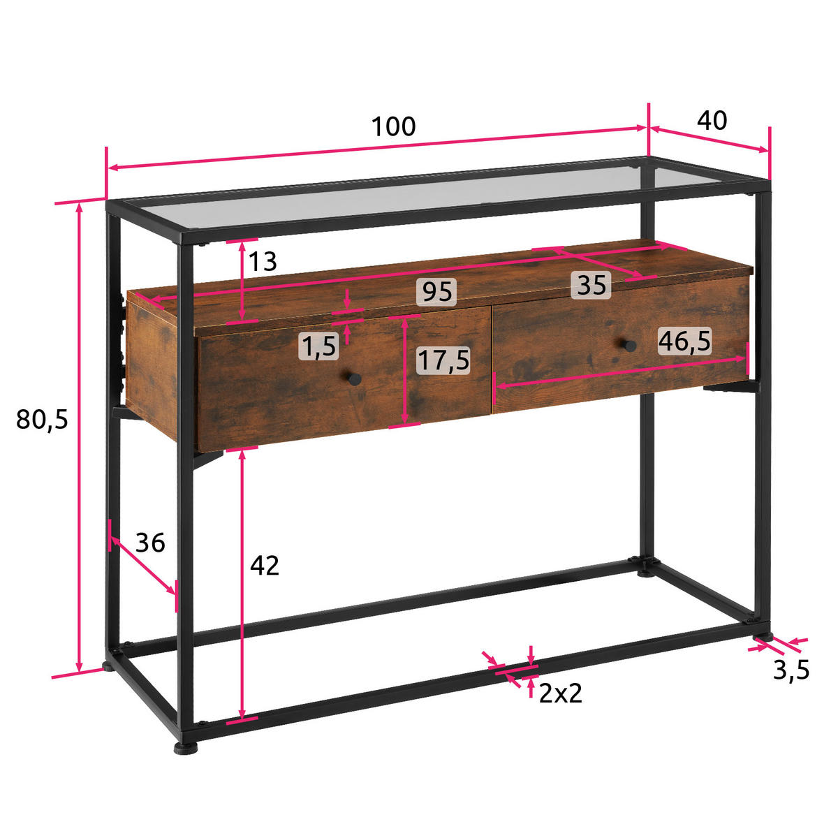 KONSOLENTISCH Reading,101,5 x 41,5 x 80,5 cm,Industrial Holz dunkel, rustikal - Rostfarben, Holzwerkstoff (101.5/41.5/80.5cm) - tectake