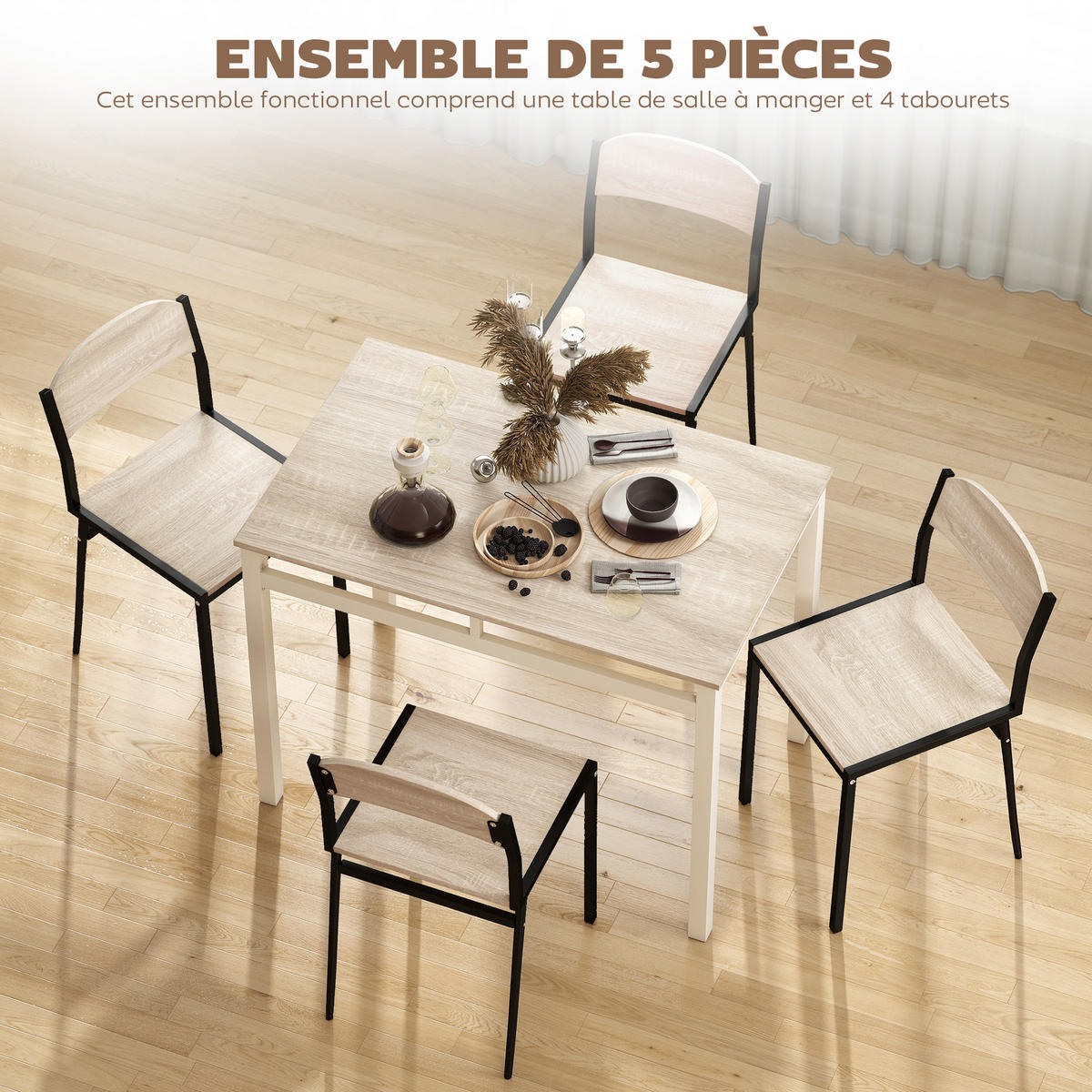5-TEILIGES Esszimmer-Set mit 4 Stühlen, Tischplatte aus MDF in Eichenoptik, schwarzem Metallgestell - Brombeere, Metall (100/76.5/63cm)