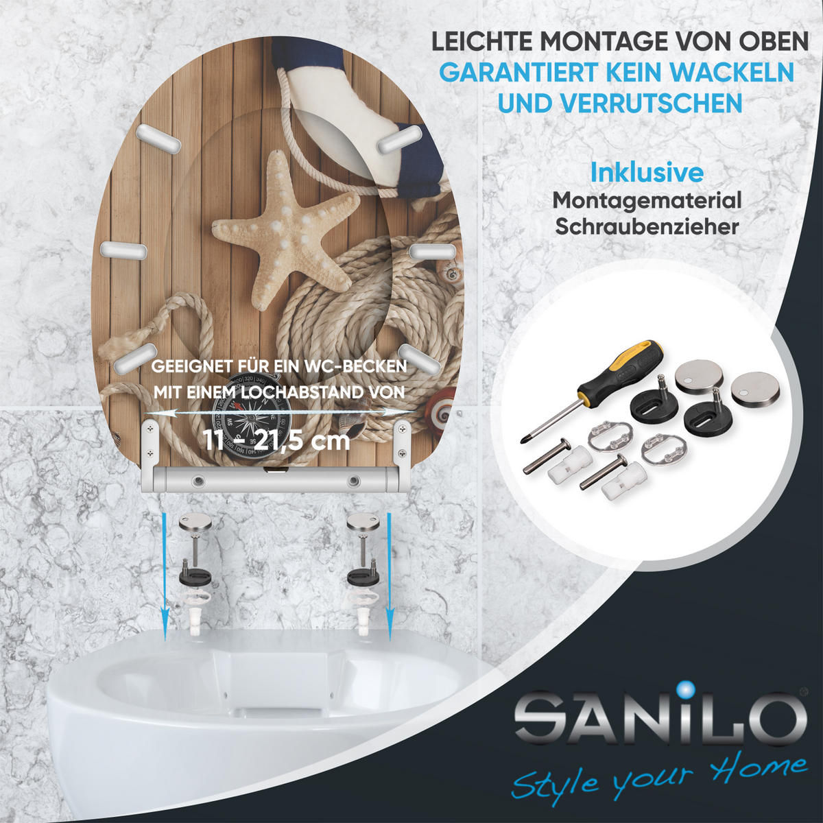WC-SITZ mit Absenkautomatik & Top Fix Maritime - Braun, Holzwerkstoff (37.7/5.5/48cm) - Sanilo