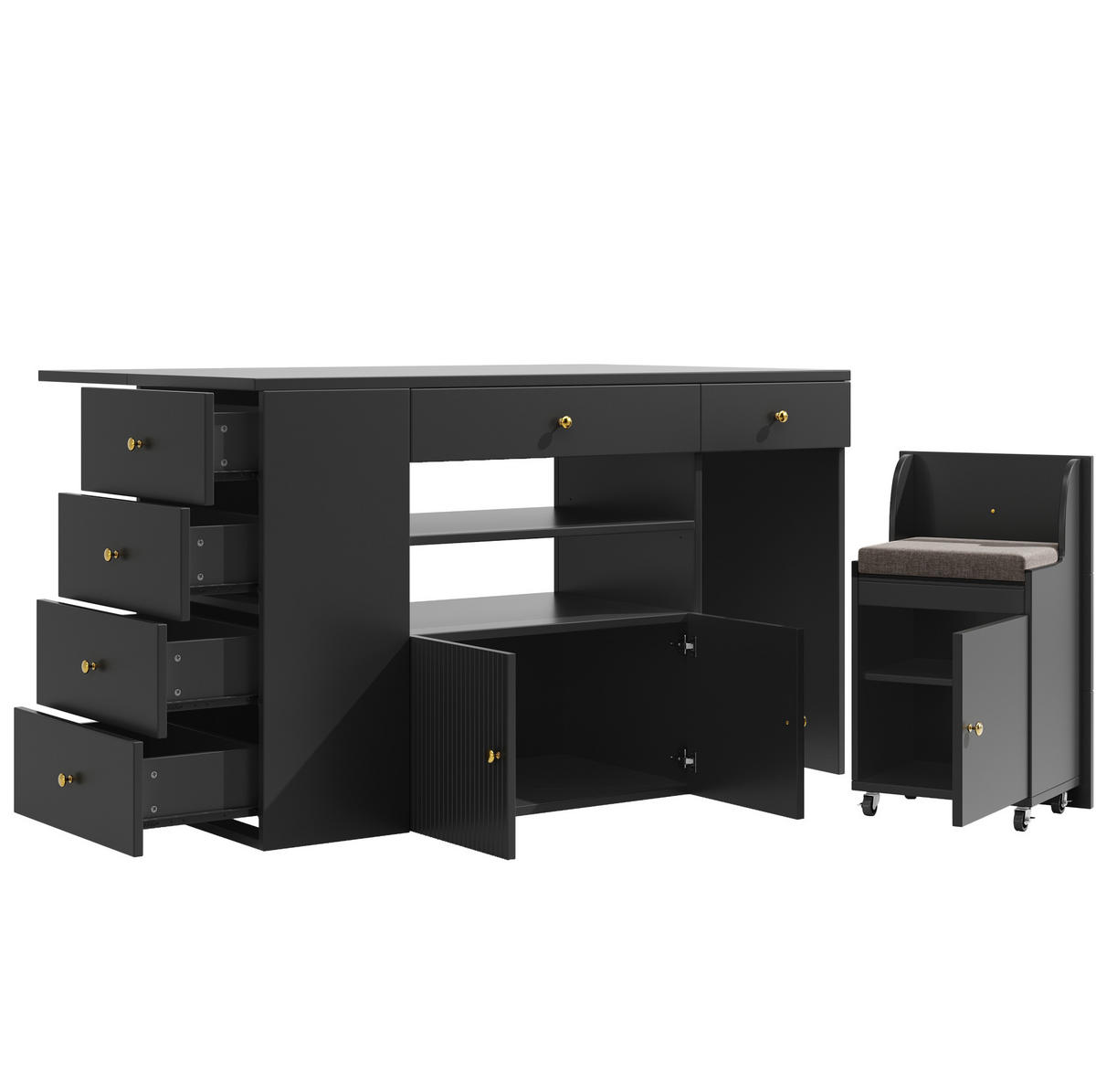 KÜCHENINSEL 140/40-70/89 cm aus MDF und Metall mit Hocker und viel Stauraum Schwarz - Schwarz, Holzwerkstoff (140/89/70cm) - Modenvie