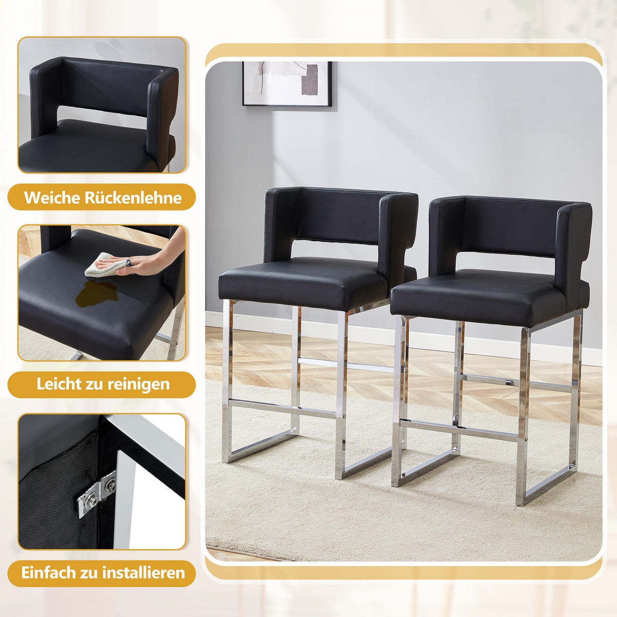 BARHOCKER 2er-Set Schwarz & Silber mit PU-Leder im quadratischen Design - Schwarz, Metall (48/91.4/53.3cm) - PANGIVO