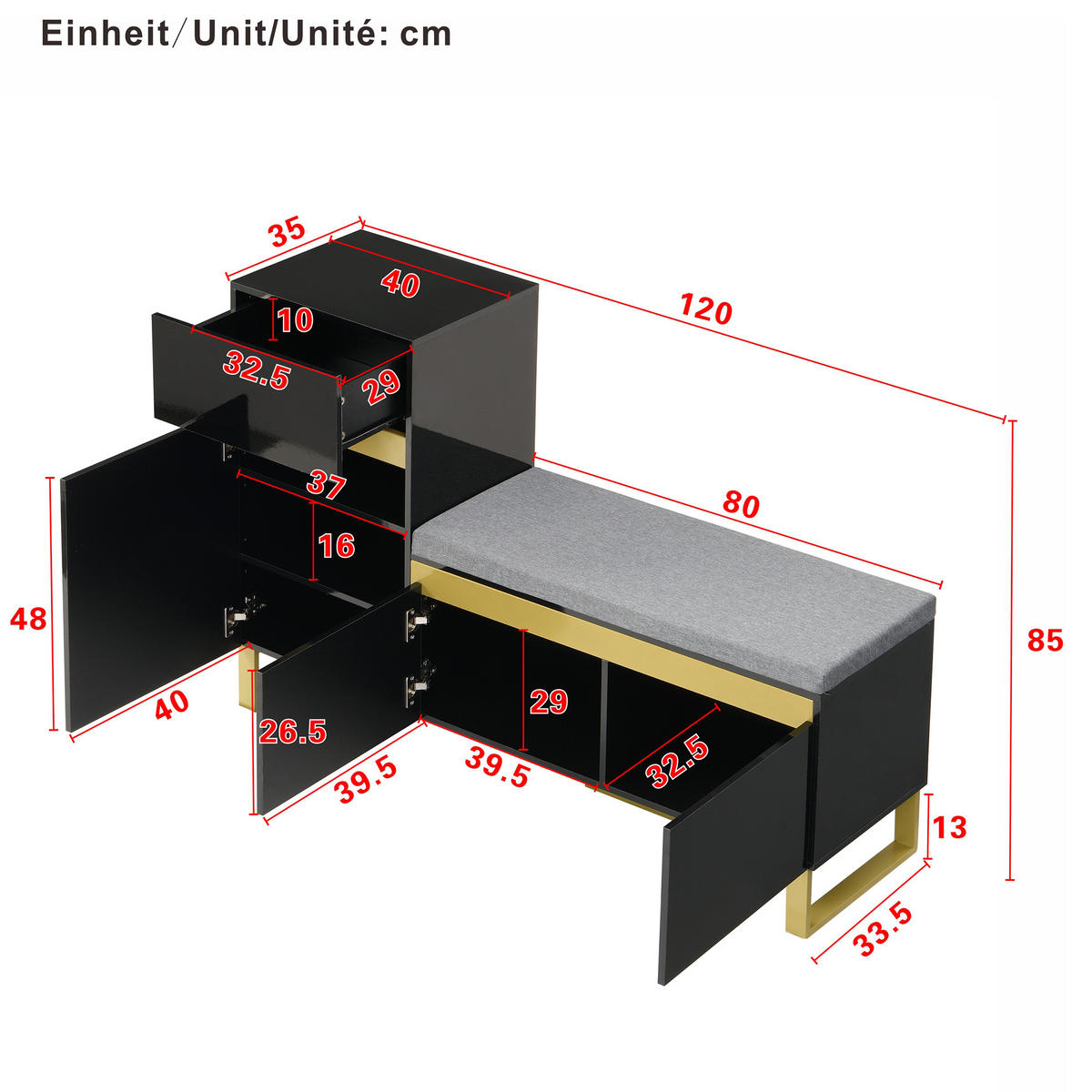SCHUHSCHRANK Mehrstöckig Stauraum Organizer Schubladen Türen - Schwarz, Holzwerkstoff (35/85/120cm) - FLIEKS