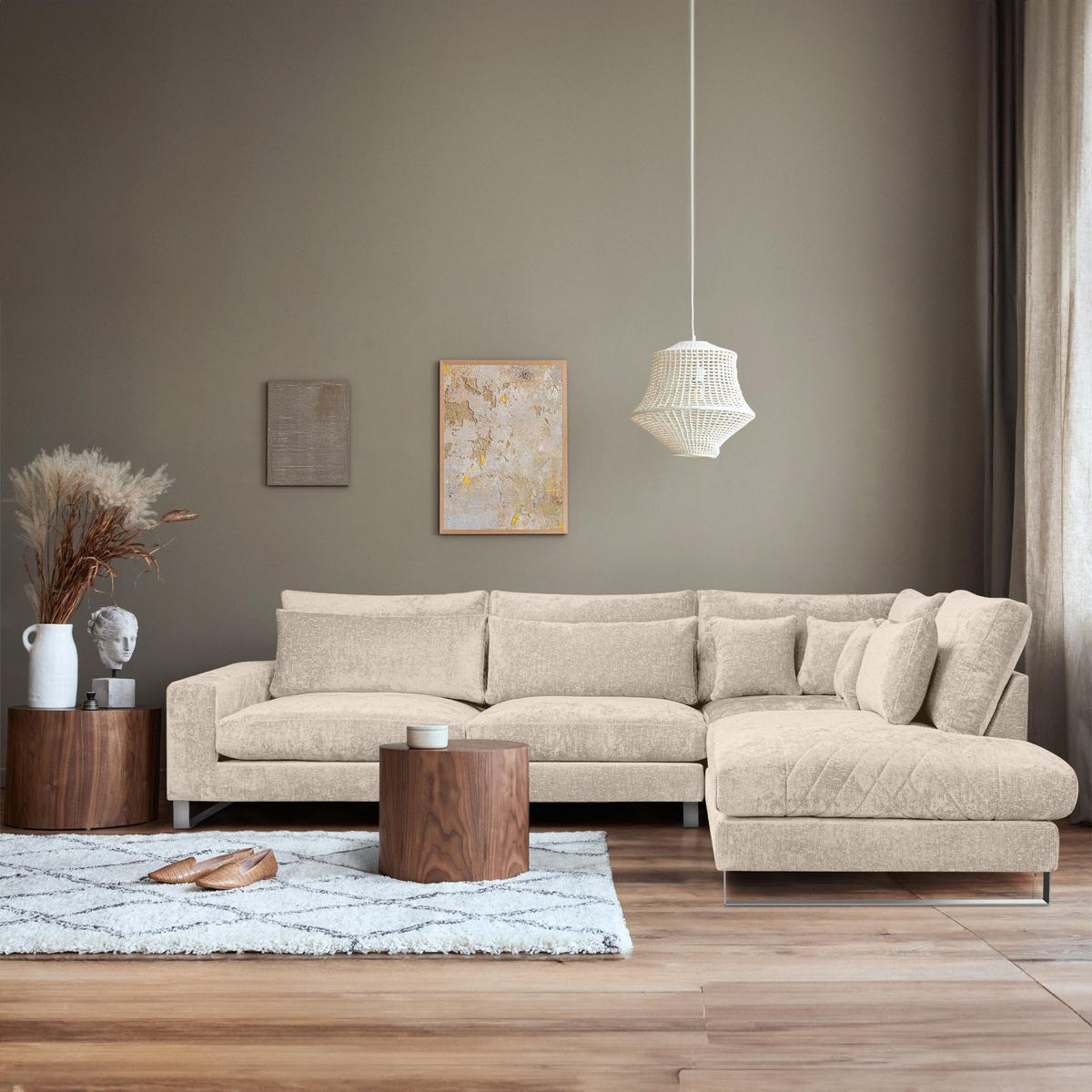 ECKSOFA RECHTS BRENTIS Chenille-Stoff, Creme - Creme, Textil (314/224cm) - KONSIMO®