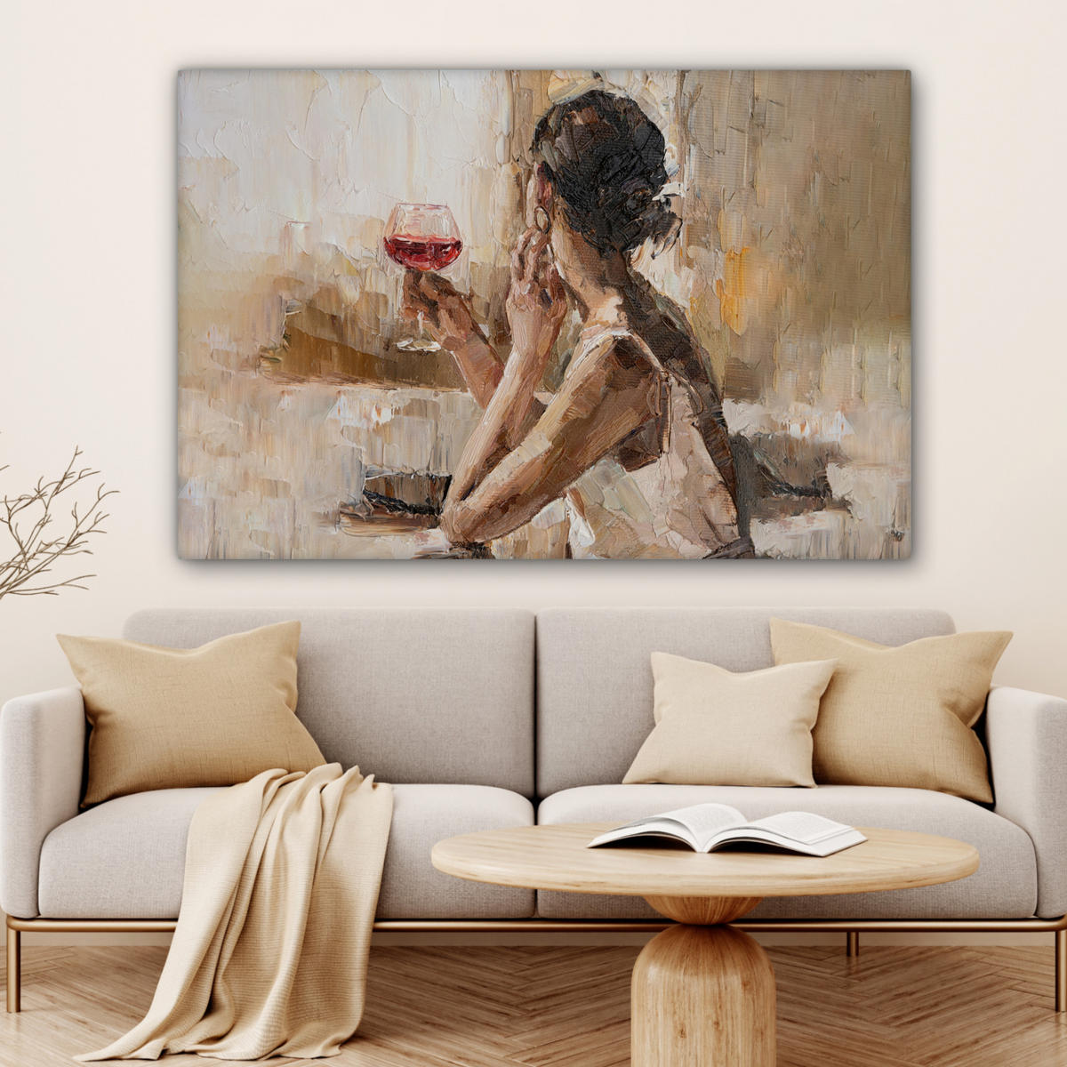 LEINWANDBILD Ölgemälde - Frau - Wein Wohnzimmer 120x80 cm - Hellbraun, Textil (120/80cm) - MuchoWow