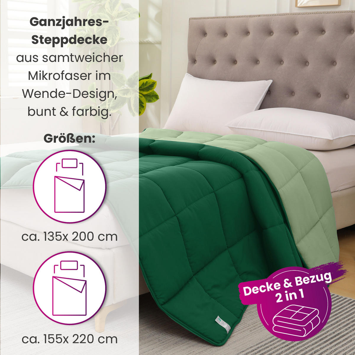 GANZJAHR Steppbett Bi-Color grün 135x200 - Grün, Textil (135/200cm) - wometo