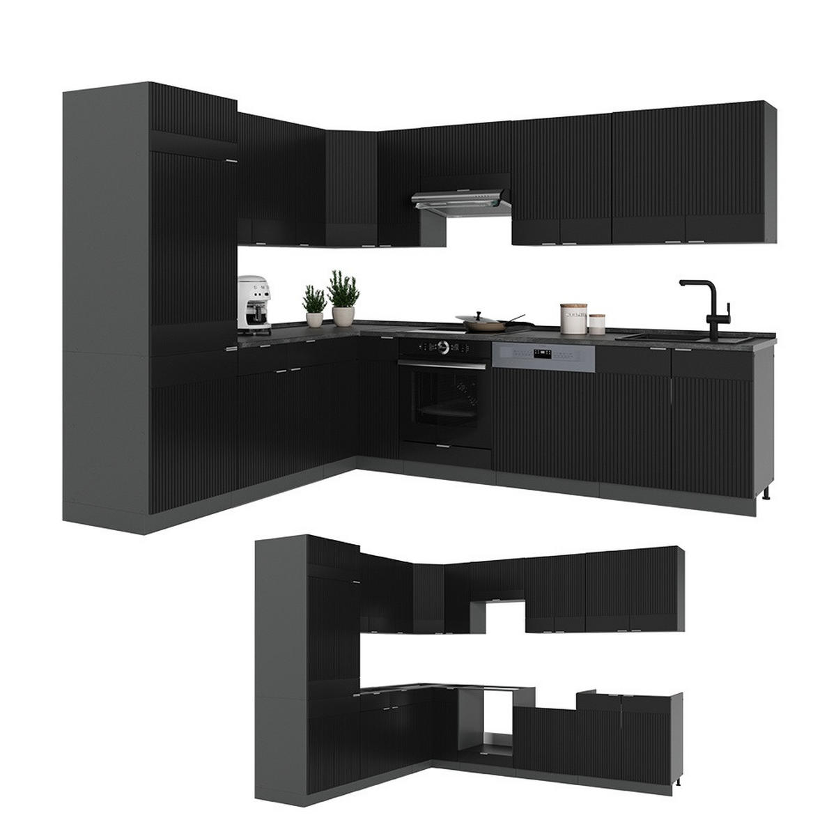 BUCĂTĂRIE DE COLȚ Fame-Line, dungi negre/antracit, 287 x 227 cm, AP Antracit - antracit/negru, compozit lemnos (287/206.8/60cm) - Vicco