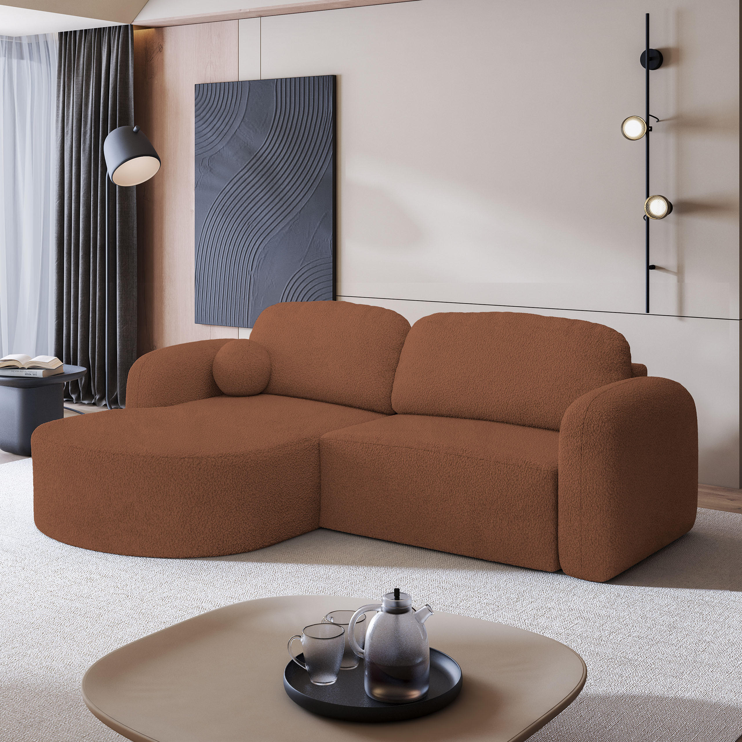 ECKSOFA AMILIA L-S Kupferfarben Boucle-Stoff mit Schlaffunktion - Kupferfarben, Holz (263/174cm) - MASSENO