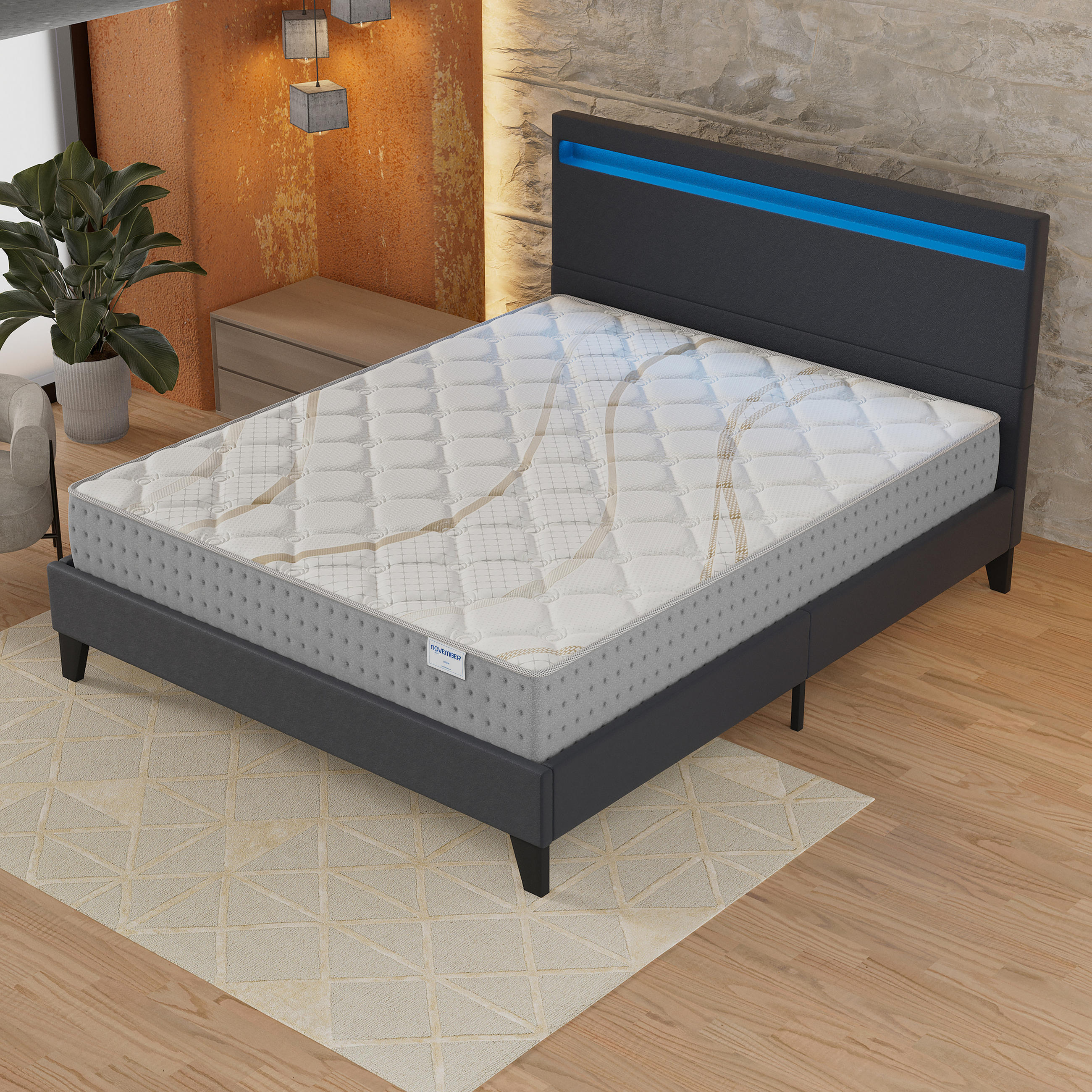 POLSTERBETT und MATRATZE - 140 x 200 cm - Taschenfederkern - 25cm dick - Schwarz, Naturmaterialien/Holz (140/200cm) - November Sleep