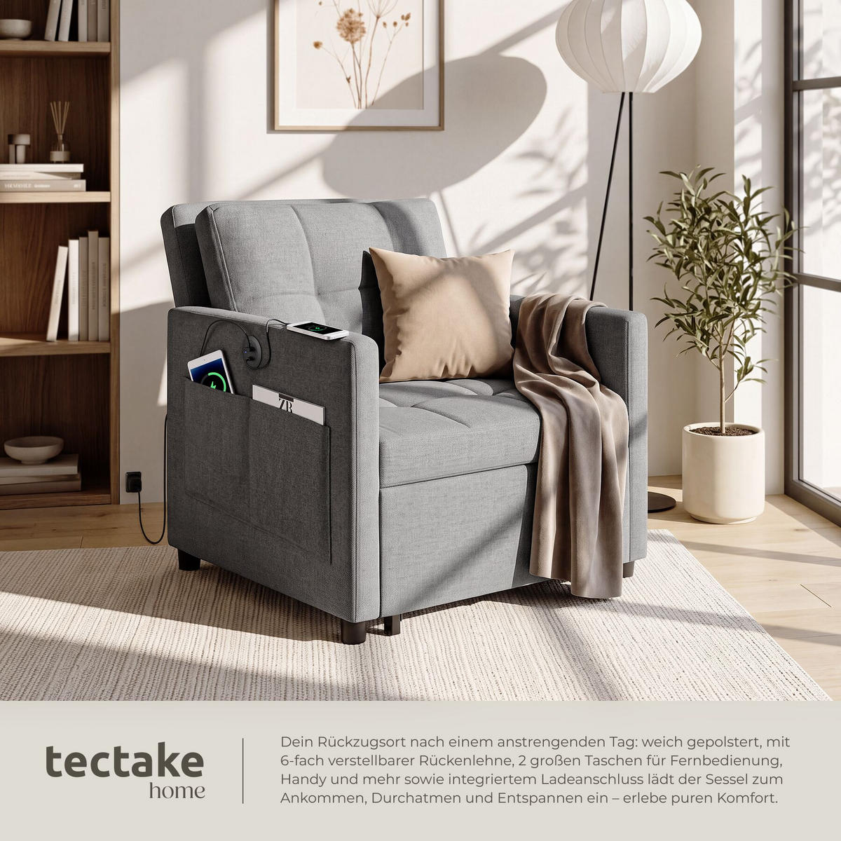 SCHLAFSESSEL Toyama, 82 x 80 x 86 cm, Belastbarkeit 150 kg, grau - Grau, Textil (82/86/144cm) - tectake