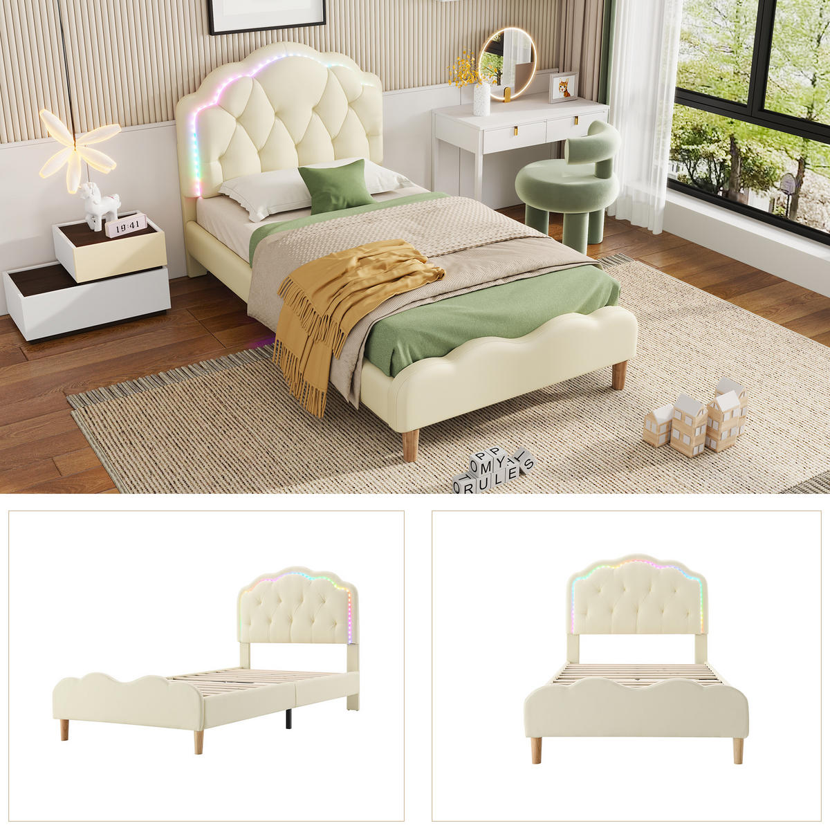 POLSTERBETT 90/200 cm Beige mit Wellenförmigem Kopfteil und LED-Beleuchtung - Beige, Kunststoff (90/200cm) - OKWISH