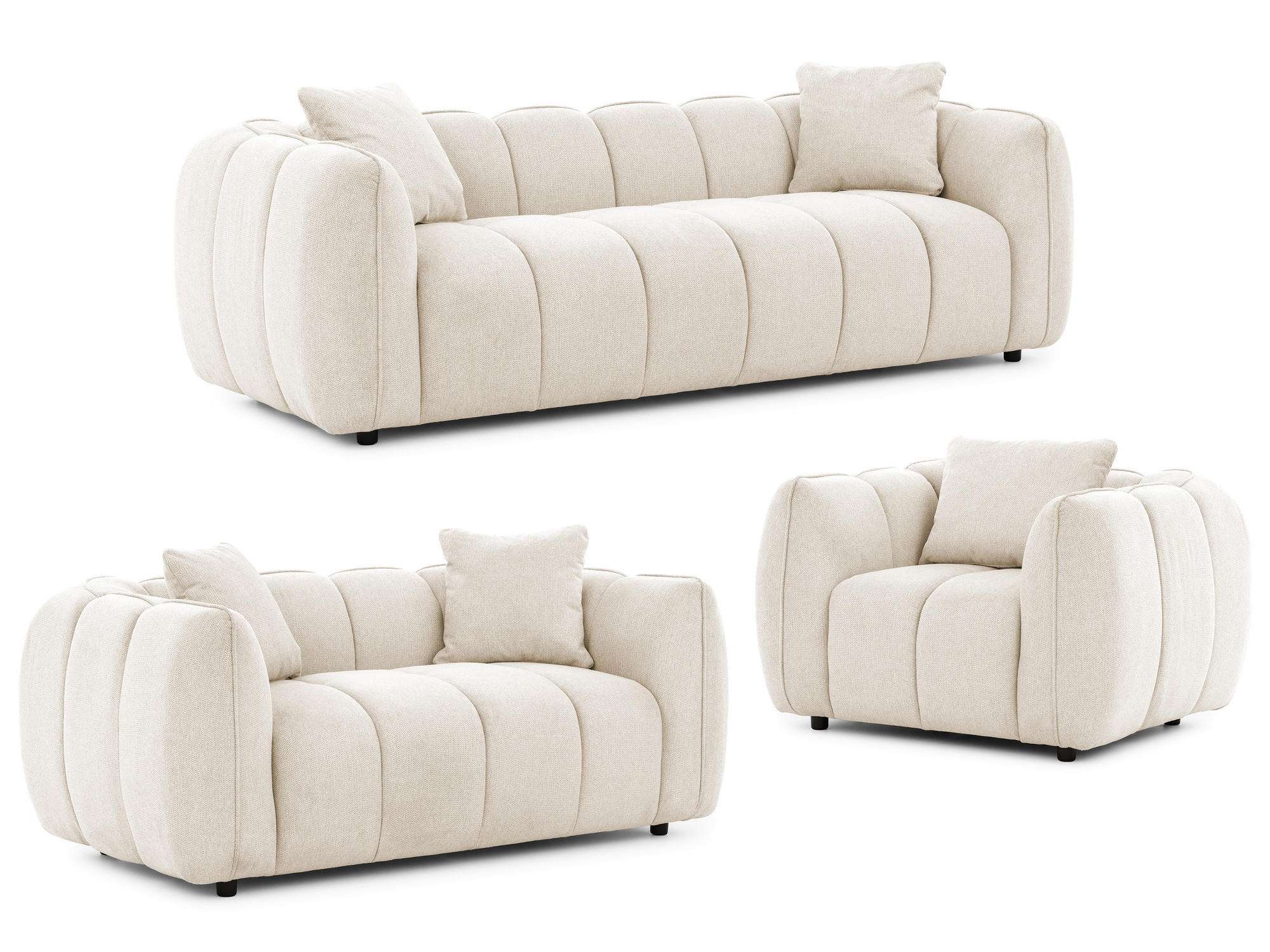 S-Style SEDACÍ SOUPRAVA 3+2+1 Nubira v hluboce prošívaném designu Bubble z měkké strukturované látky ve světle béžové barvě s moderním vzhledem
