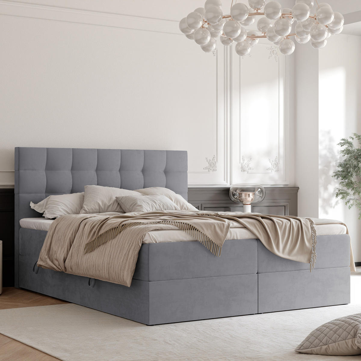 BOXBETT GRAND 180/200 cm, in Hellgrau, mit Matratze und Topper - Hellgrau, Holzwerkstoff/Textil (180/200cm) - Idohome