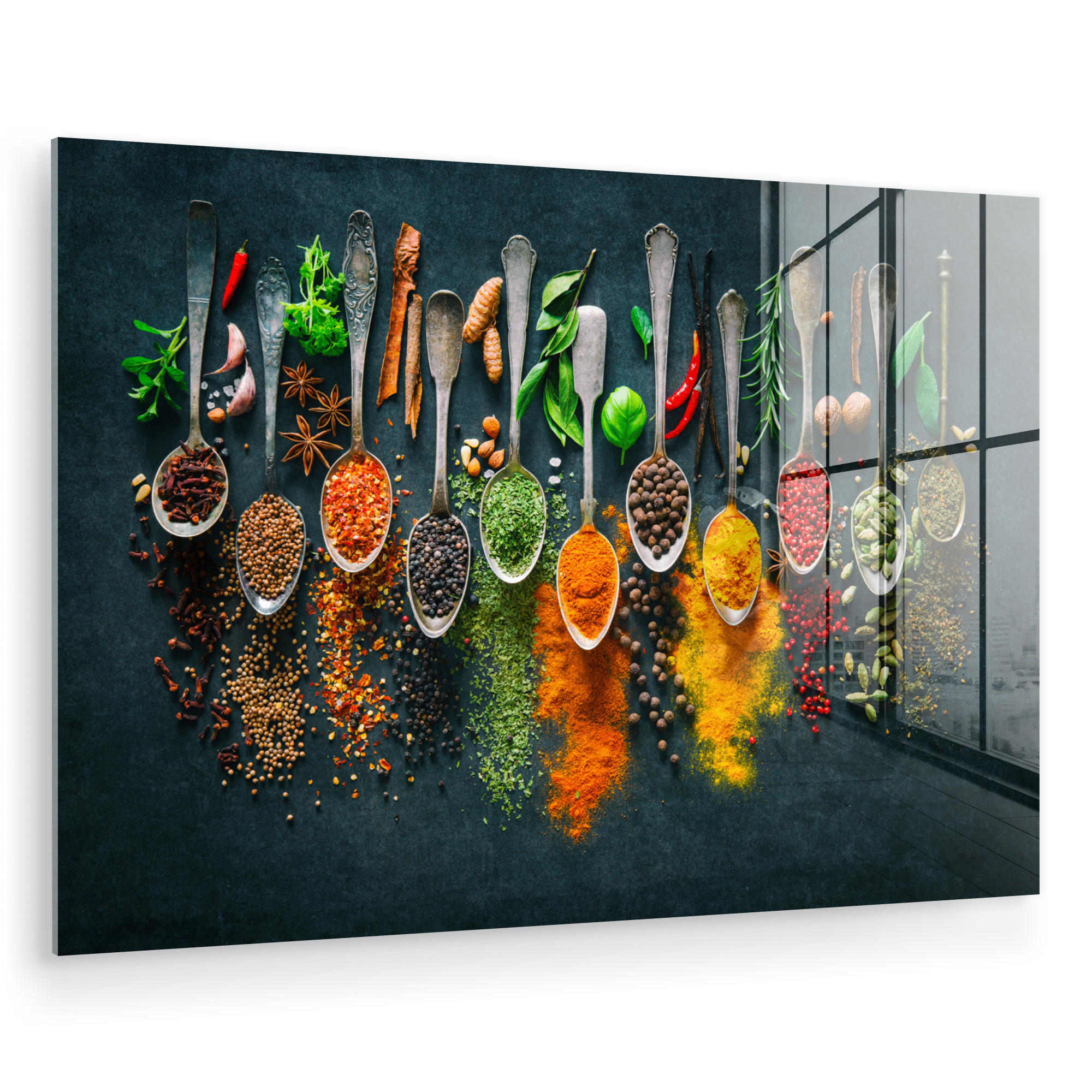 ACRYLGLASBILD Kräuter - Gewürze - Löffel 120x80 cm - Currygelb, Glas (120/80cm) - MuchoWow