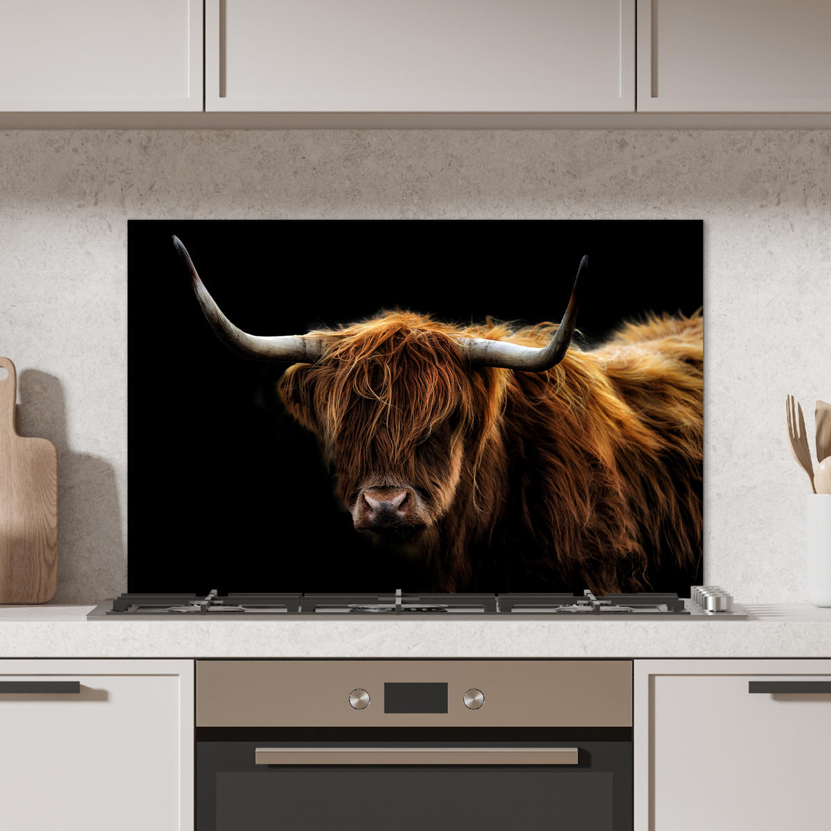 SPRITZSCHUTZ KÜCHE Schottischer Highlander - Hörner - Schwarz - Tiere - Natur - Wild - Kuh 80x55 cm - Cognac, Metall (80/0.3/55cm) - MuchoWow
