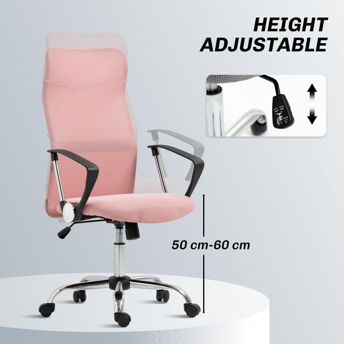 BÜROSTUHL Netz Stahl Rosa - Chromfarben/Schwarz, Kunststoff/Textil (65/119/63cm) - HOMCOM