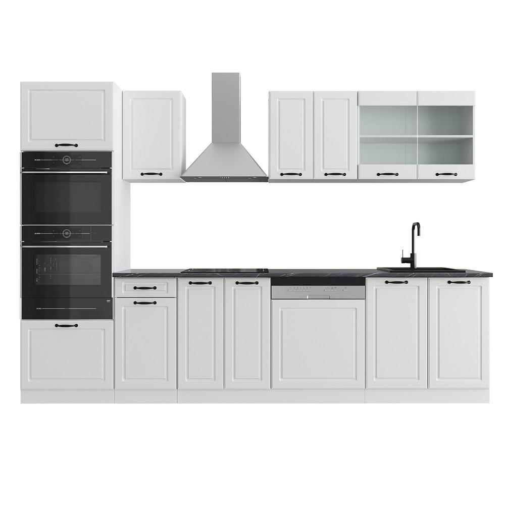 KÜCHENZEILE R-Line Weiß Landhaus/Weiß 300 cm mit Hochschrank, ohne AP - Creme/Weiß, Holzwerkstoff (300/81.6/46cm) - Vicco