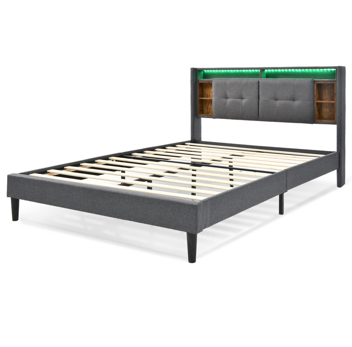 TAPECIRANI krevet 160/200 cm sivi od masivnog drva s LED rasvjetom, USB priključcima i uzglavljem za pohranu - siva, drvo (160/200cm) - OKWISH