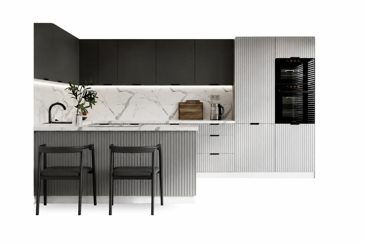 KÜCHENZEILE KS29-G390x260 – Kendro & Morvex - Effiziente Raumnutzung mit Stil - Schwarz/Grau, Holz/Metall (390/213.3/260cm) - ROYAL24_MARKT