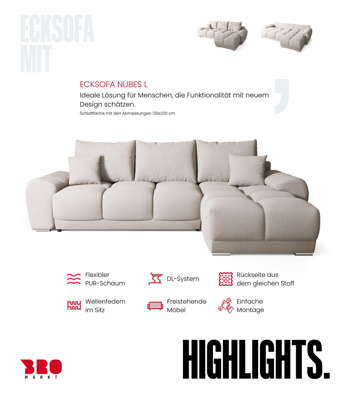 ECKSOFA Nubes mit Schlaffunktion Ecru - Ecru/Silberfarben, Kunststoff/Textil (290/180cm) - Bromarkt