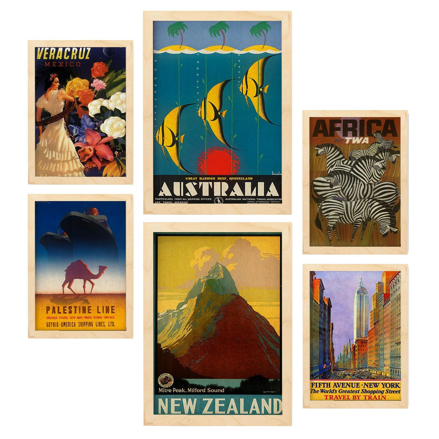 POSTER Set Mit 6 Von Norden Nach Süden Vollfarbige Illustrationen Von Vintage Tourismus Werbetafeln Aus Der Ganzen Welt A3 & A4 Rahmen Aus Hellem Holz - Beige, Papier (29/3cm) - Nacnic