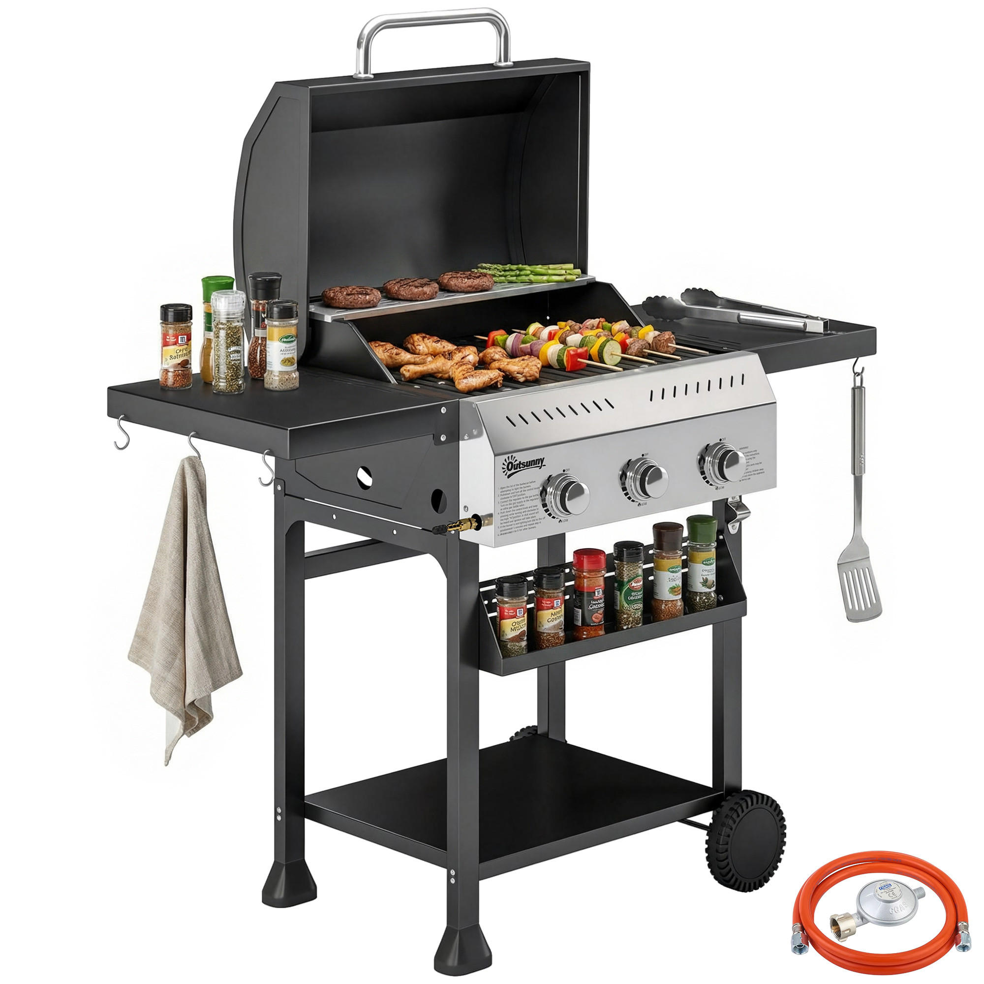 GASGRILL DE-10295 3 Brenner + klappbare Seitentische Edelstahl - Schwarz, Metall (57/102/123cm) - ComfortXL