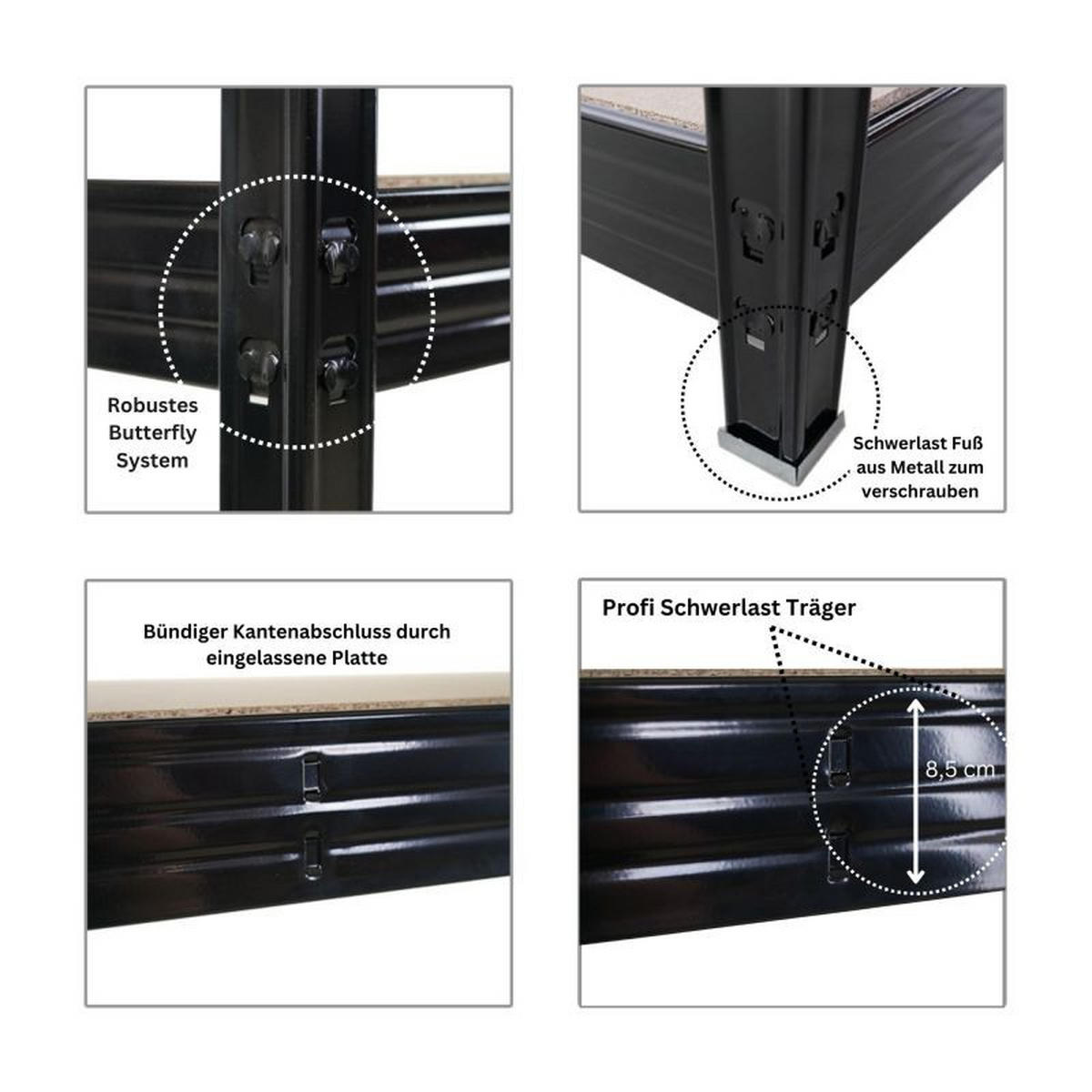 SCHWERLASTREGAL Rhino 180x240x60cm, 4 Spanplatten-Ebenen 8mm, Fachlast 450kg, Schwarz - Schwarz, Metall (240/180/60cm) - PROREGAL