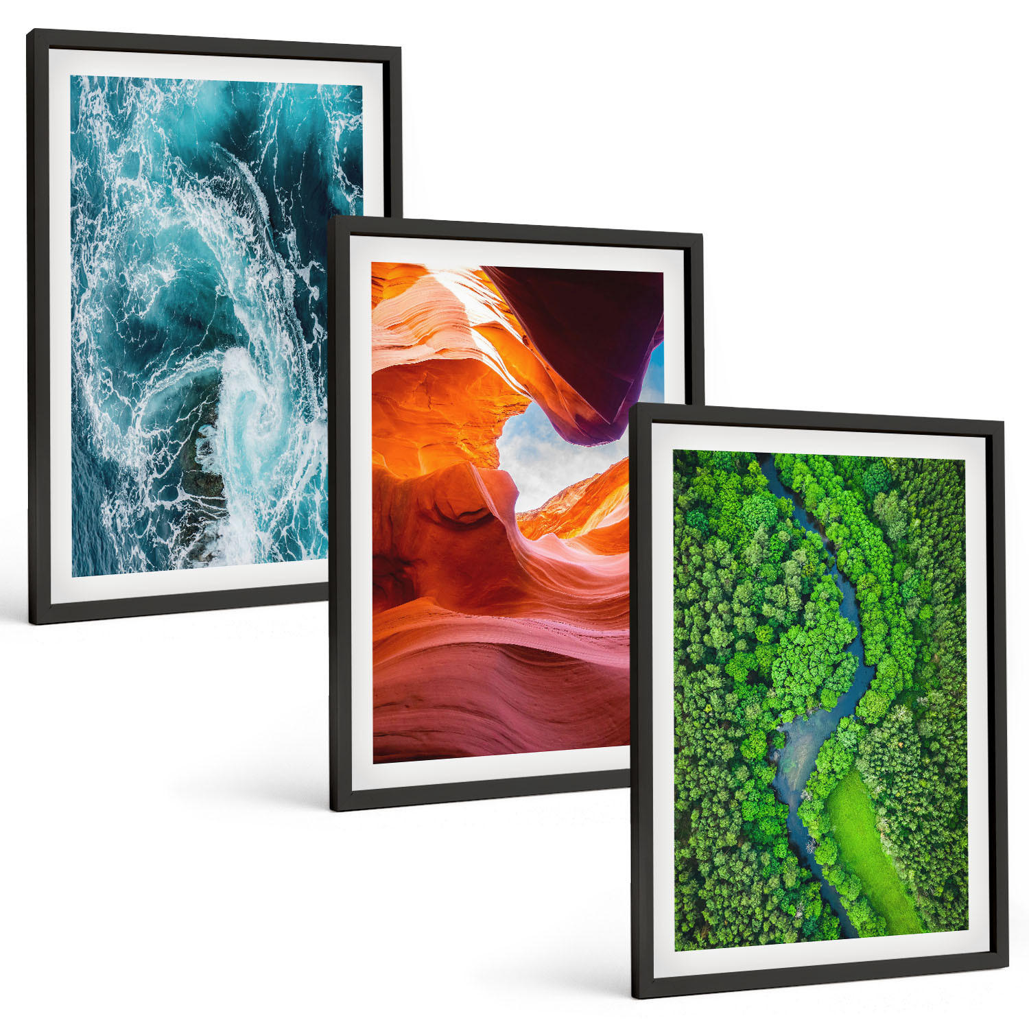 BILDER SET 3er Set - 40x60 cm Schwarzer Rahmen - Wasserbewegung Canyon grüner Wald - Schwarz, Kunststoff (40/60cm) - TULUP