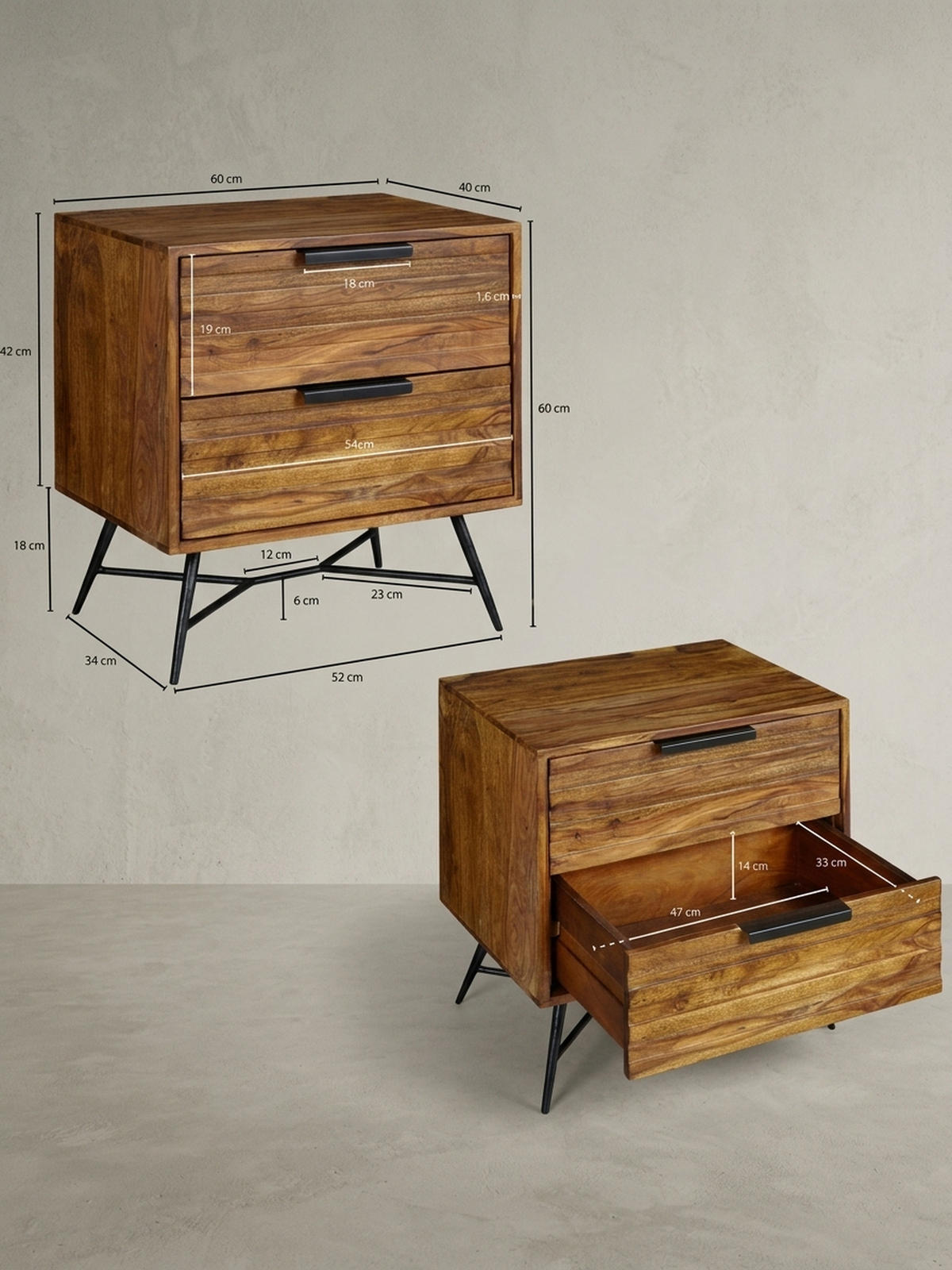 NACHTTISCH – Massivholz/Metall, große Schubladen, Industrial-Stil - Schwarz/Braun, Holz/Metall (60/60/40cm) - KADIMA DESIGN