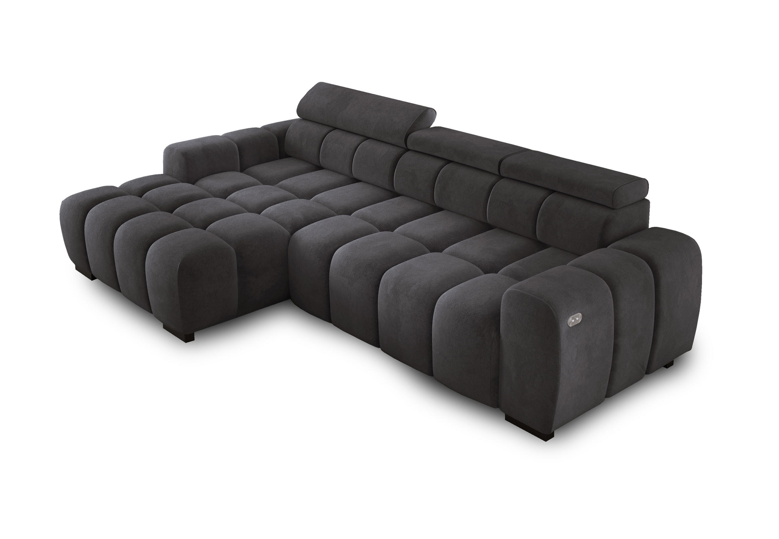 ECKSOFA OMBO 285x168x77/97 cm, Links, Schlaffunktion, elektr. Sitz, Kopfstützen, Buche dunkel, hydrophober SALVADOR-Stoff – Schwarz - Graphitfarben, Holz/Textil (168/285cm) - DomoHome