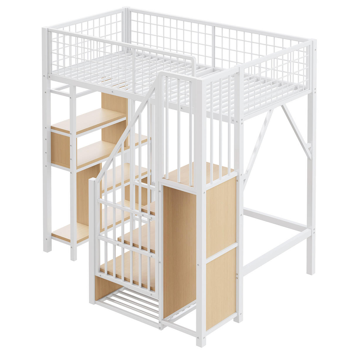 HOCHBETT 90/200 cm in Weiß mit Stauraumtreppe und vielseitigem Unterbettbereich - Weiß, Metall (90/200cm) - Flora Grace