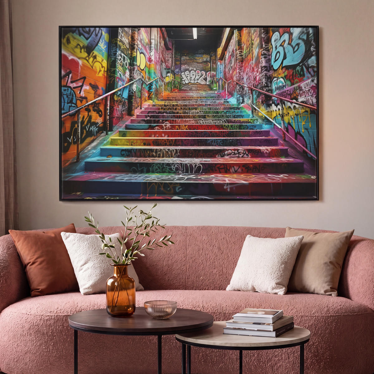 LEINWAND Bilder mit Rahmen - Treppe - Graffiti - Farben - Kunst - 150x100 - Multicolor, Textil (150/100cm) - MuchoWow