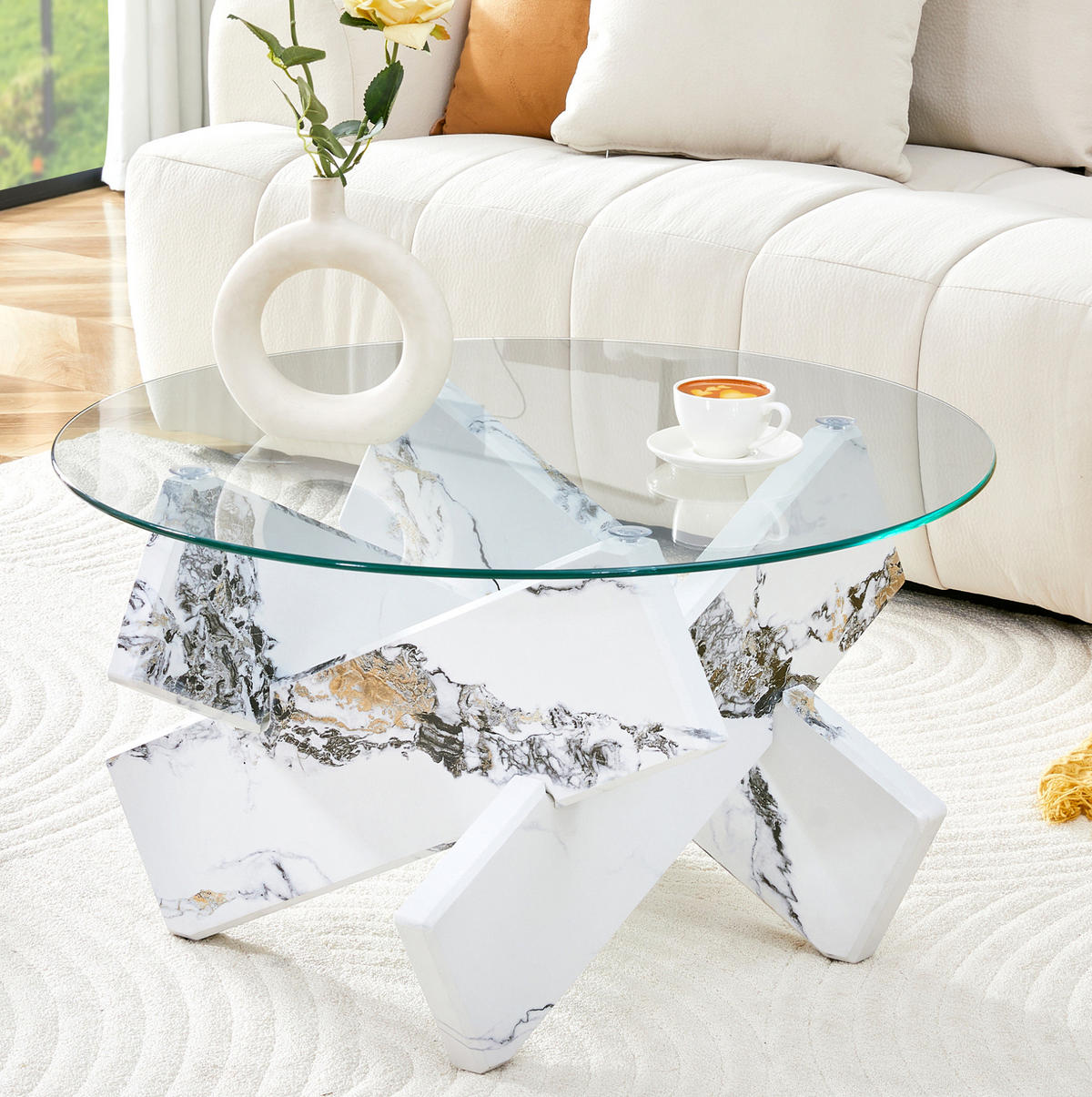 KONFERENČNÍ stolek 79/79/45 cm transparentní a bílý z MDF a skla s křížovou podnoží - čirá, kompozitní dřevo (79/79/45cm) - OKWISH
