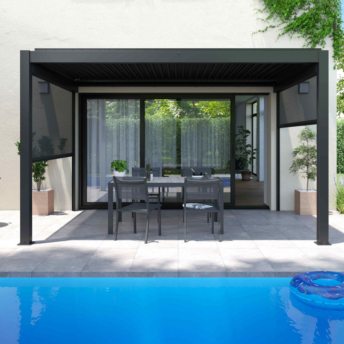 PERGOLA 3x4 m, mit 2 Markisen, Grau - Grau, Metall (281/257/403cm) - Oviala