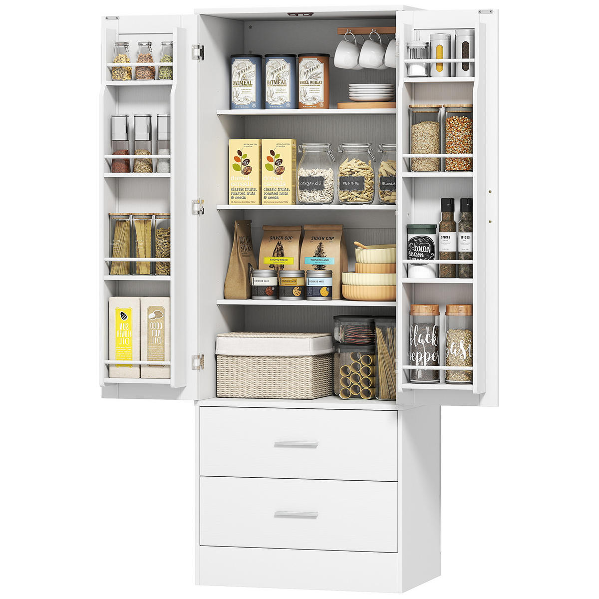 MEHRZWECKSCHRANK DE-08692 verstellbare Regale, 2 Schubladen Weiß - Weiß, Holzwerkstoff (40/159/60cm) - ComfortXL