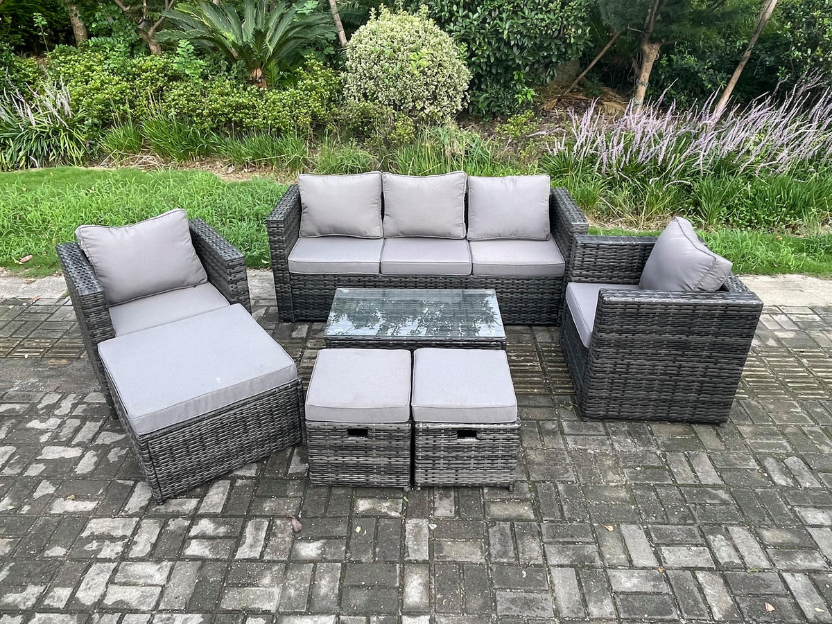 GARTENSOFA SET Polyrattan Dunkelgrau 8 Sitzer - Dunkelgrau, Metall - Fimous