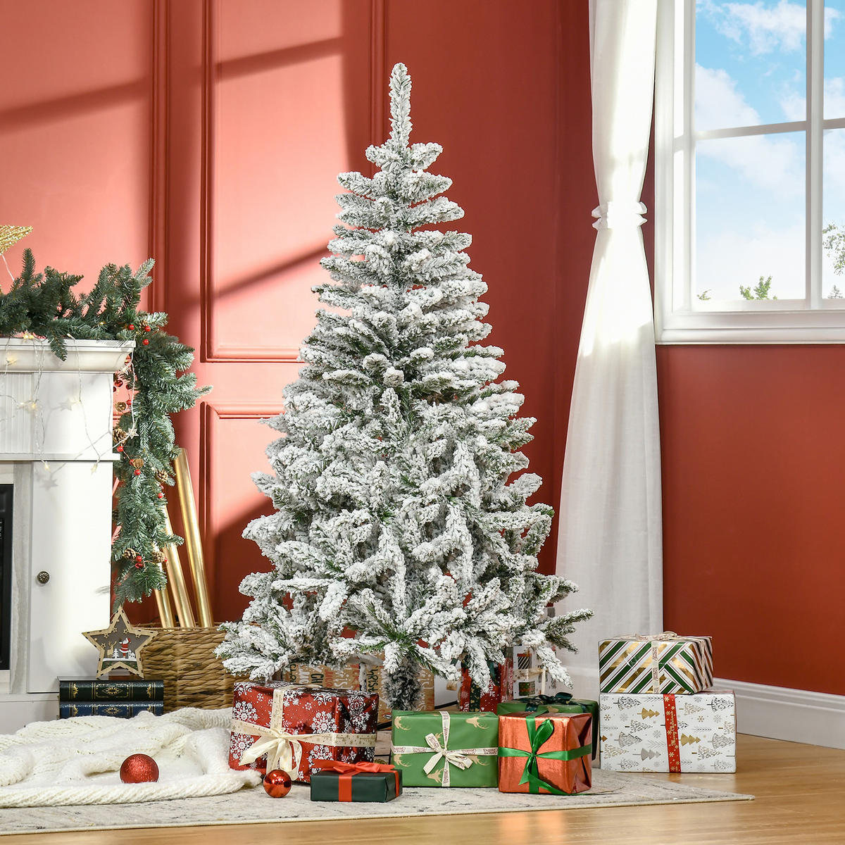 WEIHNACHTSBAUM 150 cm Künstlicher Kieferbaum mit Kunstschnee, 358 Astspitzen - Weiß/Grün, Kunststoff/Metall (150cm) - HOMCOM