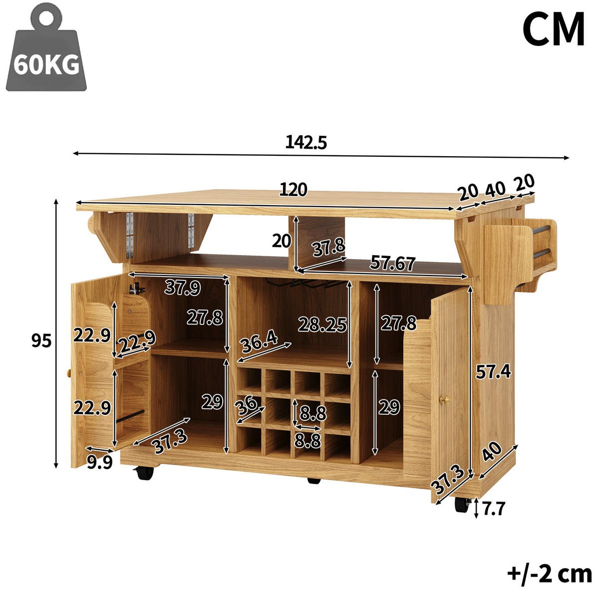 SERVIERWAGEN mit ausklappbaren Tischenden und Stauraum 142,5 cm Natural Wood - Naturfarben, Holz (80/95/142.5cm) - Beauniv