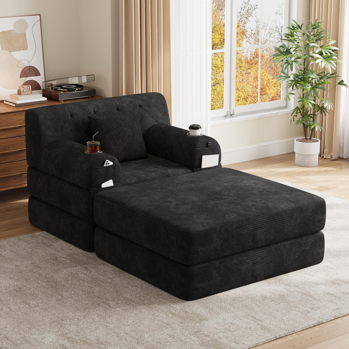 SCHLAFSOFA mit Hocker und Liegefunktion aus Cord mit Getränkehaltern - Schwarz, Textil (191/60/162cm) - EVRYAE