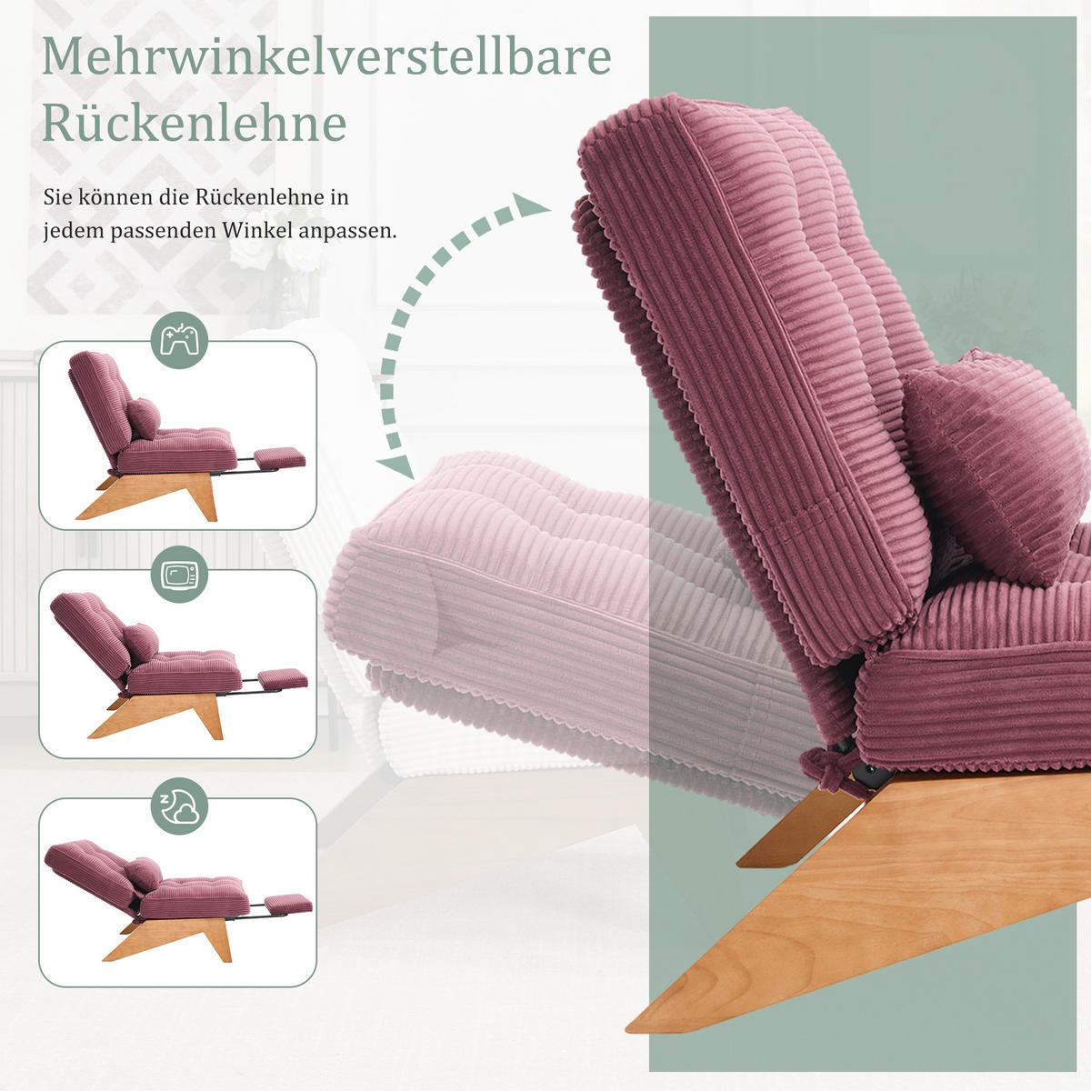 SCHAUKELSTUHL Rotwein Cord mit Fußstütze, Lendenkissen und Holzbeinen - Weinrot, Textil (73/90/127cm) - Oxeza