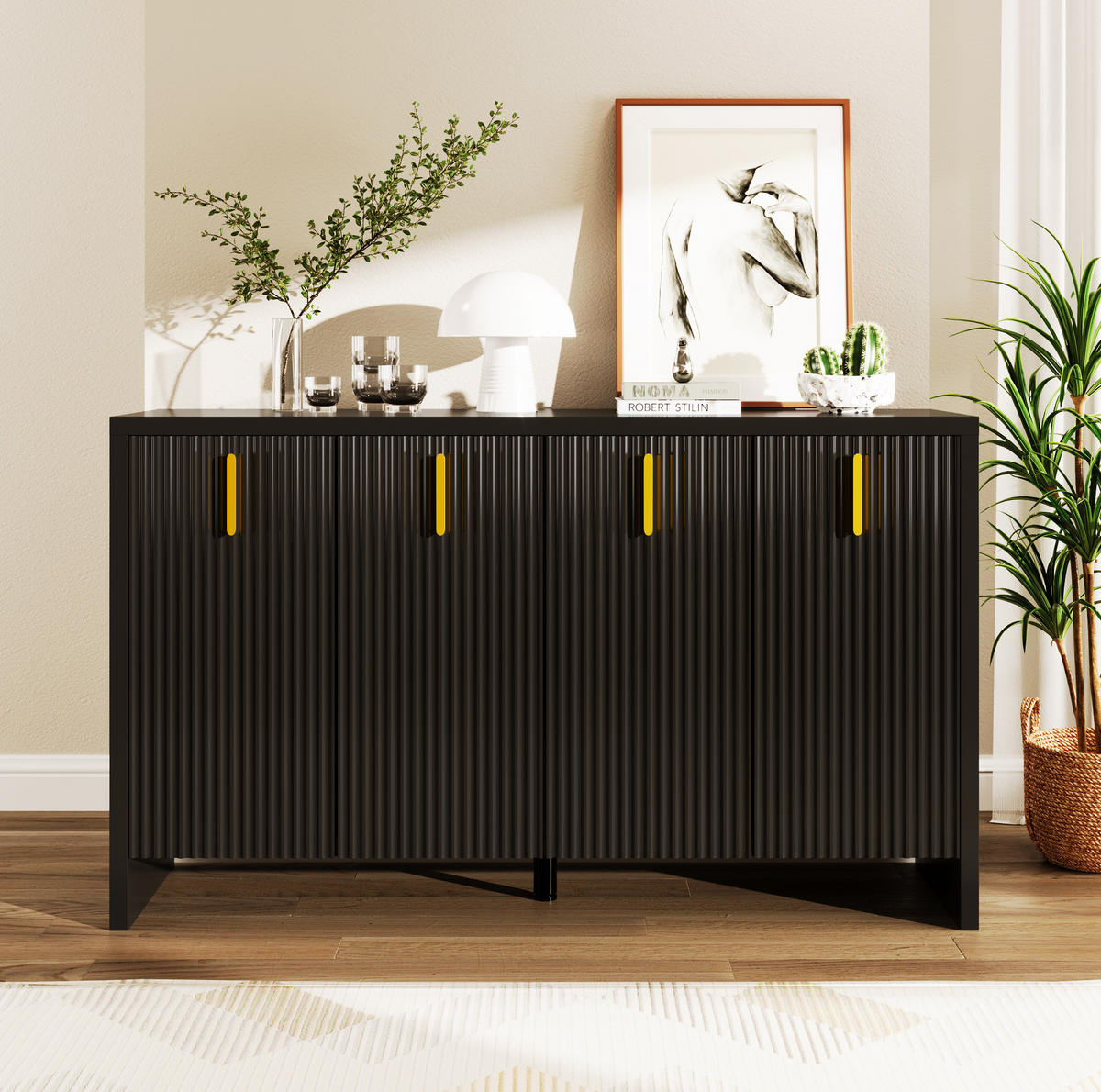 SIDEBOARD mit 4 Türen und verstellbaren Einlegeböden, 140/38/80 cm, Schwarz mit goldenen Griffen - Schwarz, Holzwerkstoff (140/38/80cm) - Redom