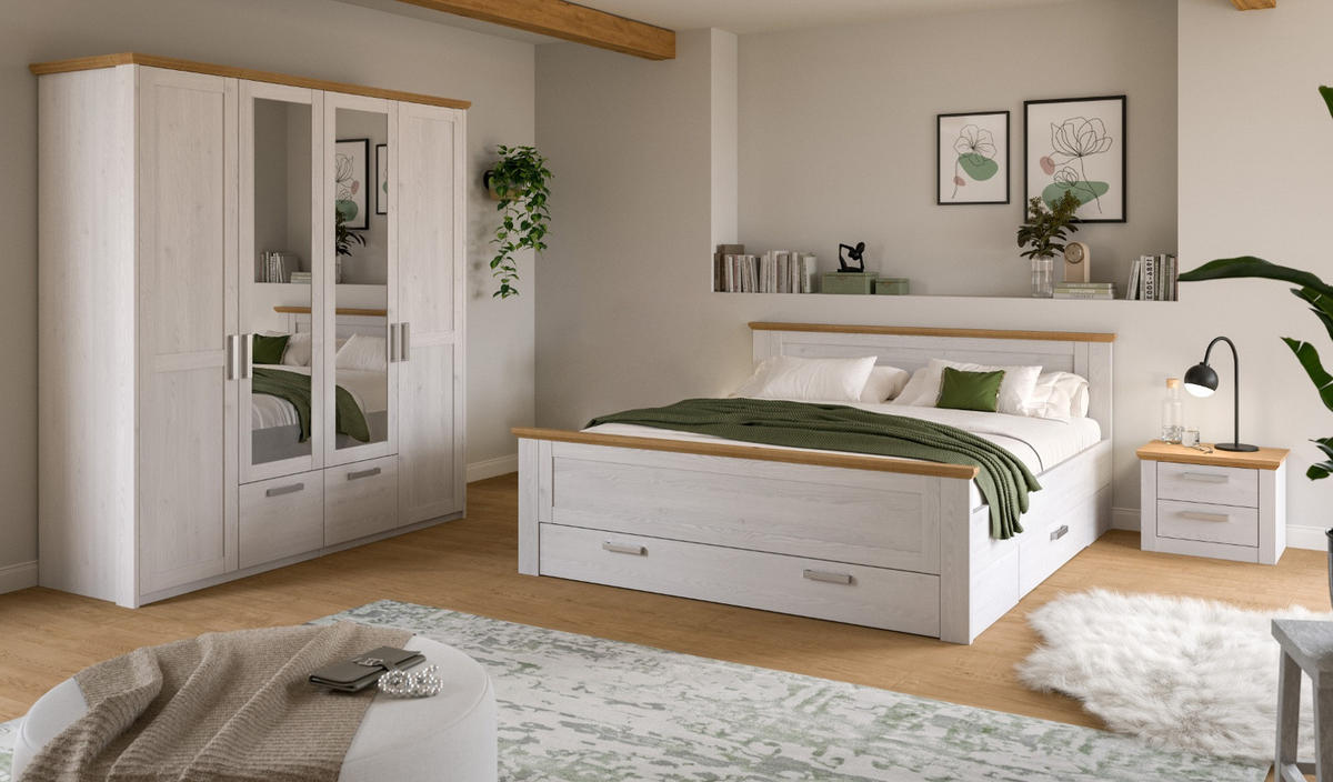 SCHLAFZIMMER weiß Lärche, Eiche Artisan Landhaus, Komplettset mit Bett Liegefläche 180 x 200 cm - Eichefarben/Silberfarben, Holzwerkstoff/Kunststoff (180/200cm) - Inn.Furn