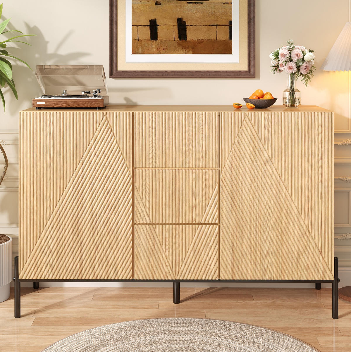 SIDEBOARD 115,5/40/76 cm mit geometrischen Türen, Schubladen und Eisenbeinen, MDF, Natur - Naturfarben, Holzwerkstoff (115.5/76/40cm) - Redom