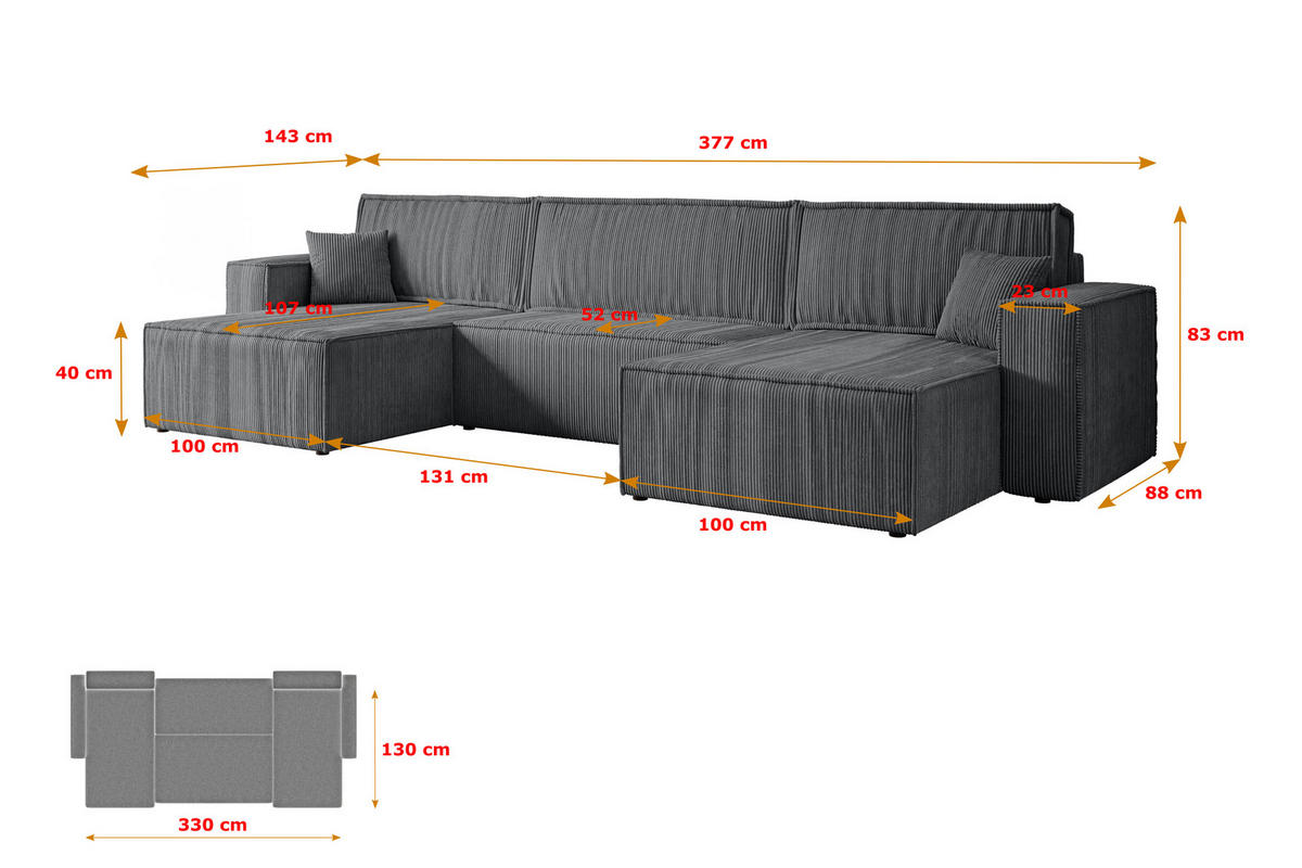 WOHNLANDSCHAFT mit Schlaffunktion und Bettkasten CELTIC-XLU - 377x143x83 cm Dunkelgrau Cord - Dunkelgrau/Schwarz, Holzwerkstoff/Kunststoff (377/83/143cm) - ALTDECOR