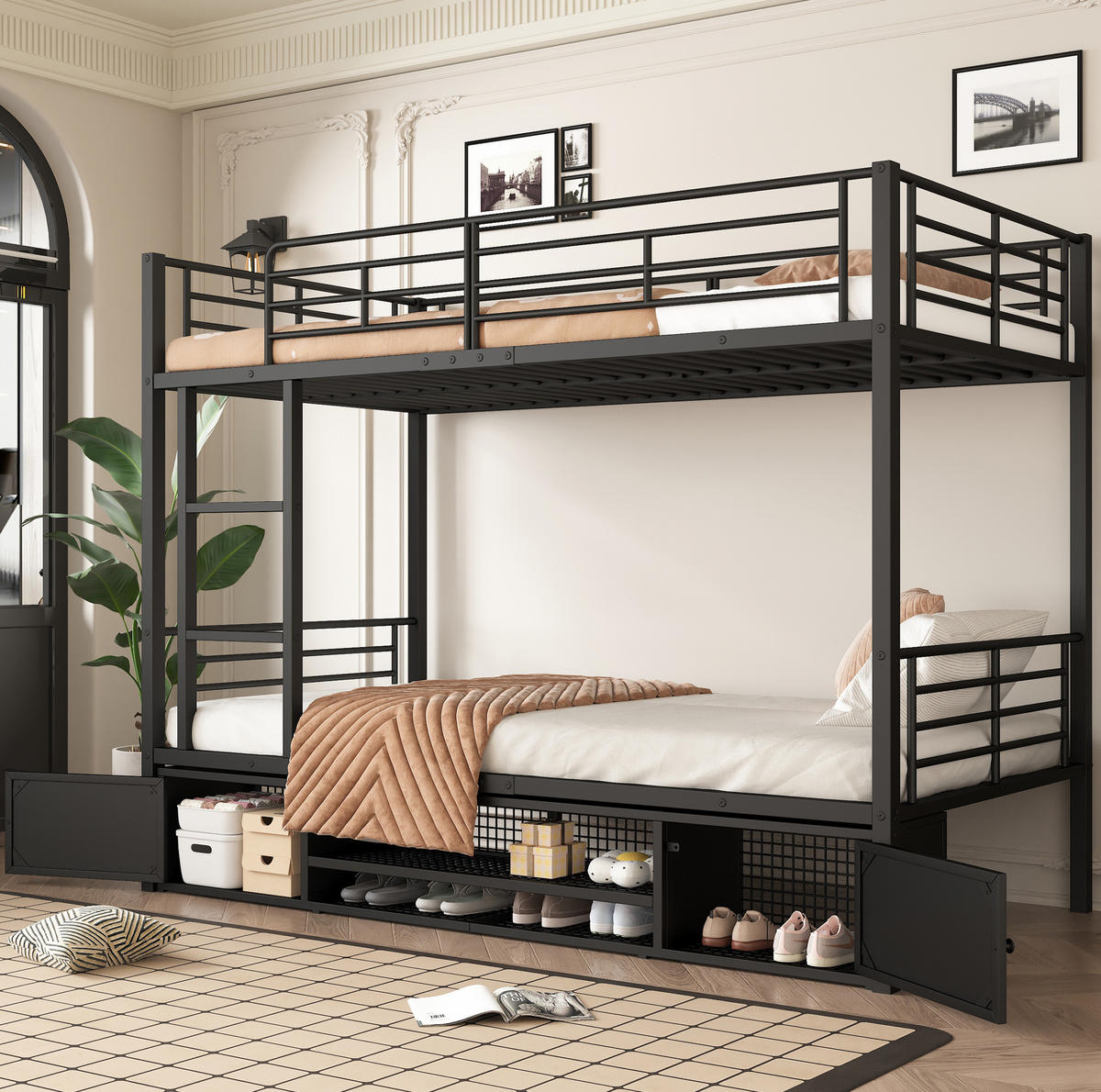 ETAGENBETT mit Schuhregal und 2 Schränken 90x200 cm Metall Schwarz - Schwarz, Metall (90/200cm) - Beauniv