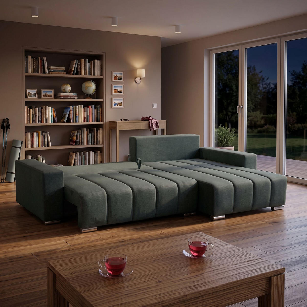 ECKSOFA Piano L Rechts mit Schlaffunktion 137x234 Velours Grün - Silberfarben/Grün, Holz/Textil (178/278cm) - Muffo