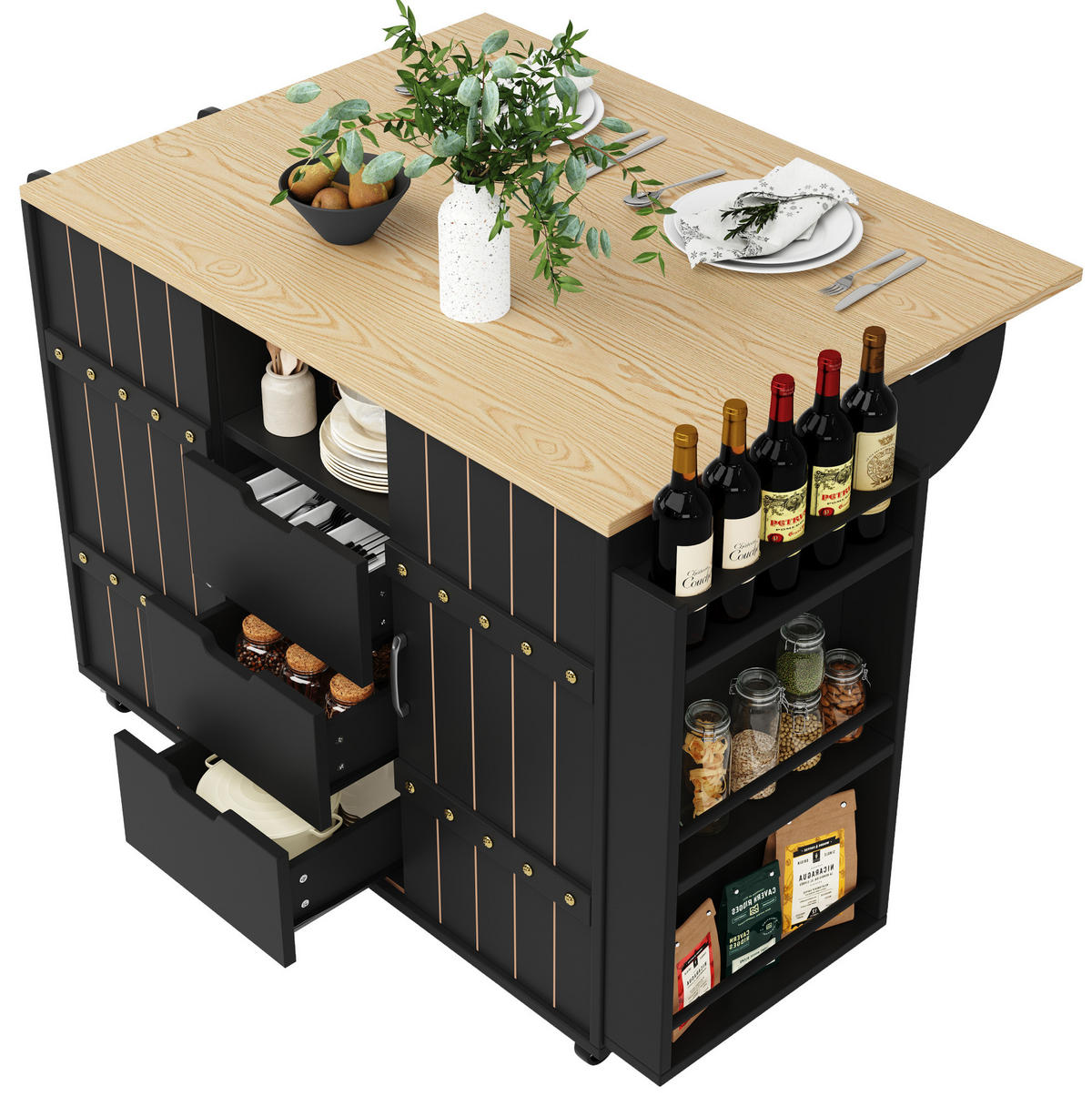 KÜCHENINSEL 110/42/90 cm schwarz mit Klapptisch mit Schiebetüren und Schubladen - Schwarz, Holzwerkstoff (110/90/42cm) - OKWISH