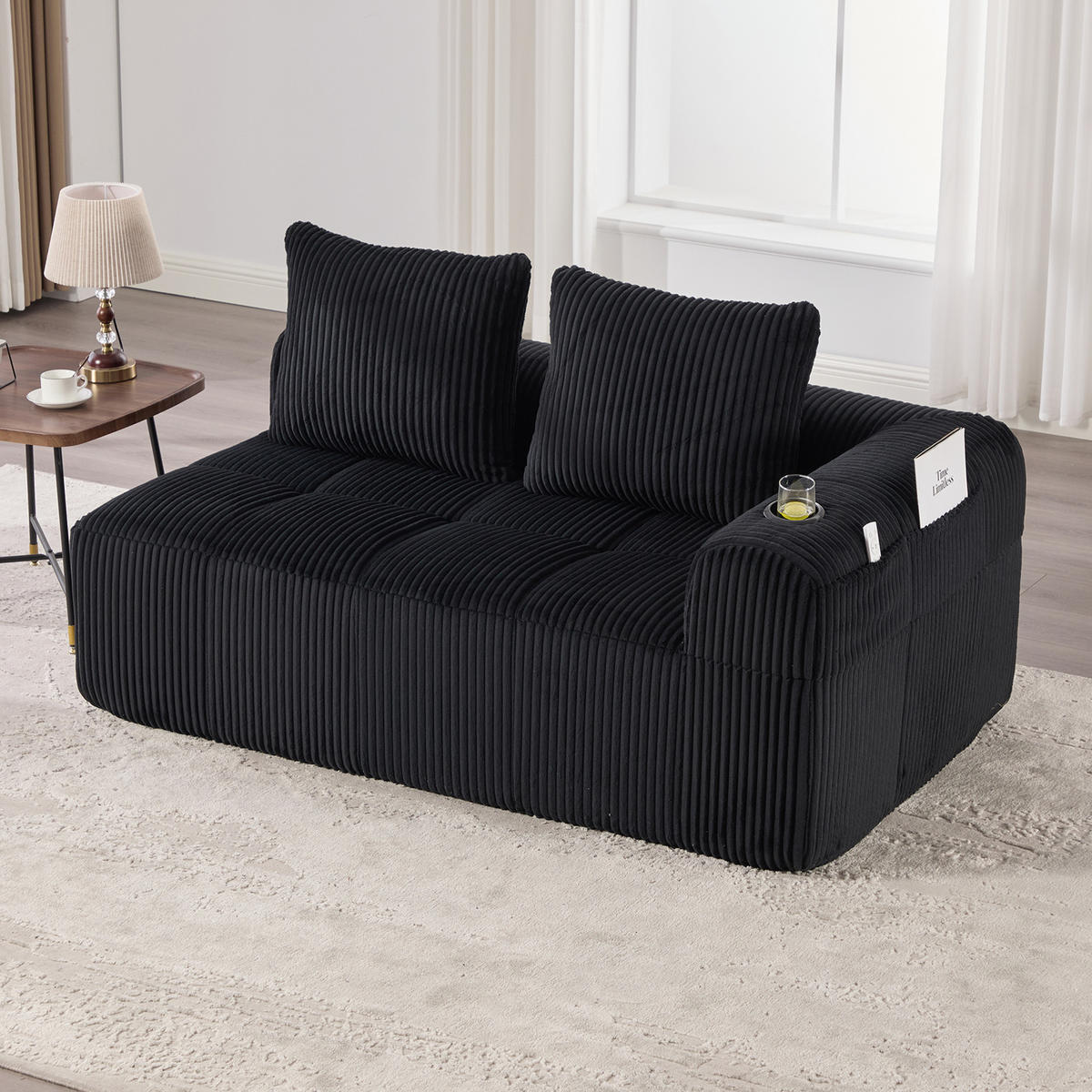 2-SITZER Sofa Cordstoff mit Seitenfächern und Becherhaltern 158/93/61 cm Schwarz - Schwarz, Textil (93/61/158cm) - Redom